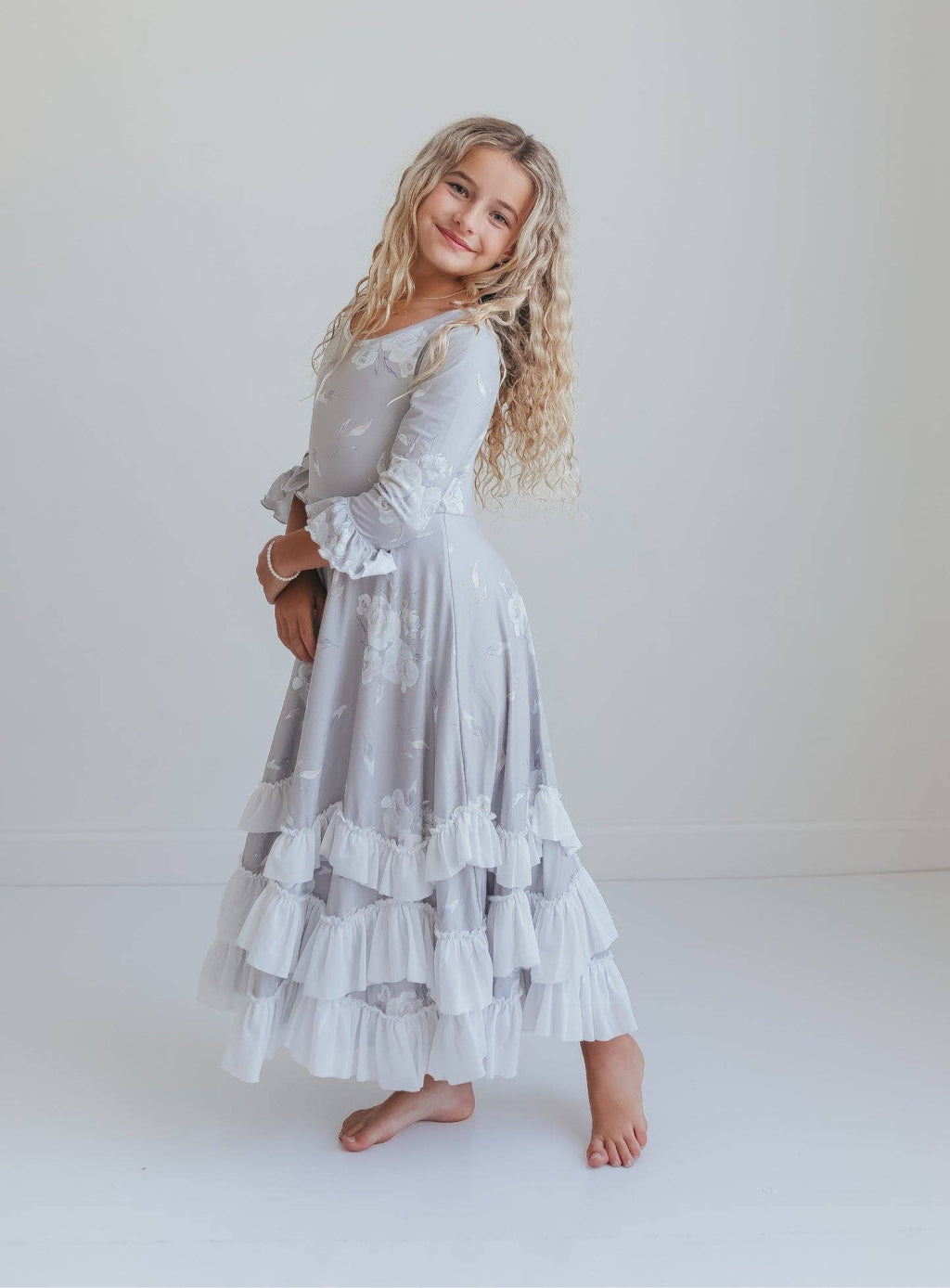 Girls Winter Rose Floral Long Sleeve Ruffles Dress