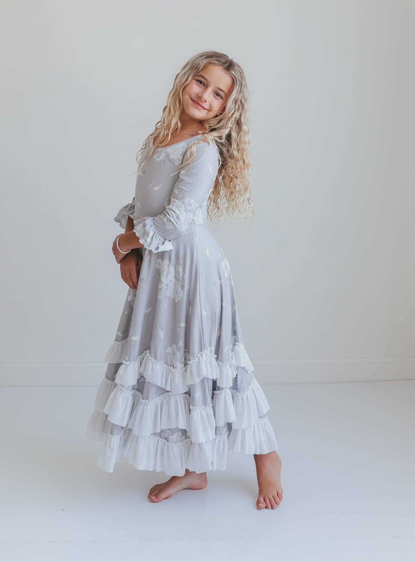 Girls Winter Rose Floral Long Sleeve Ruffles Dress