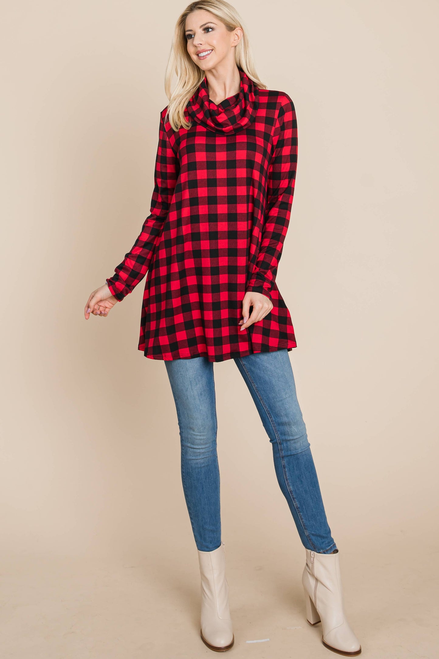 Red Check Cowl Neck Tunic