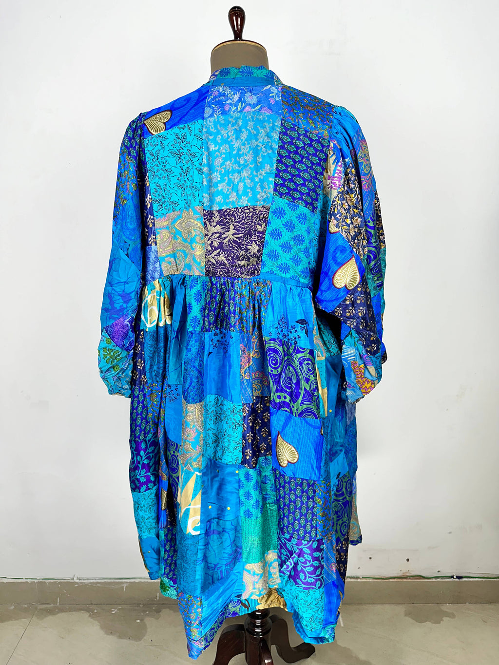 Hand Patchwork Dress - Blue Silk