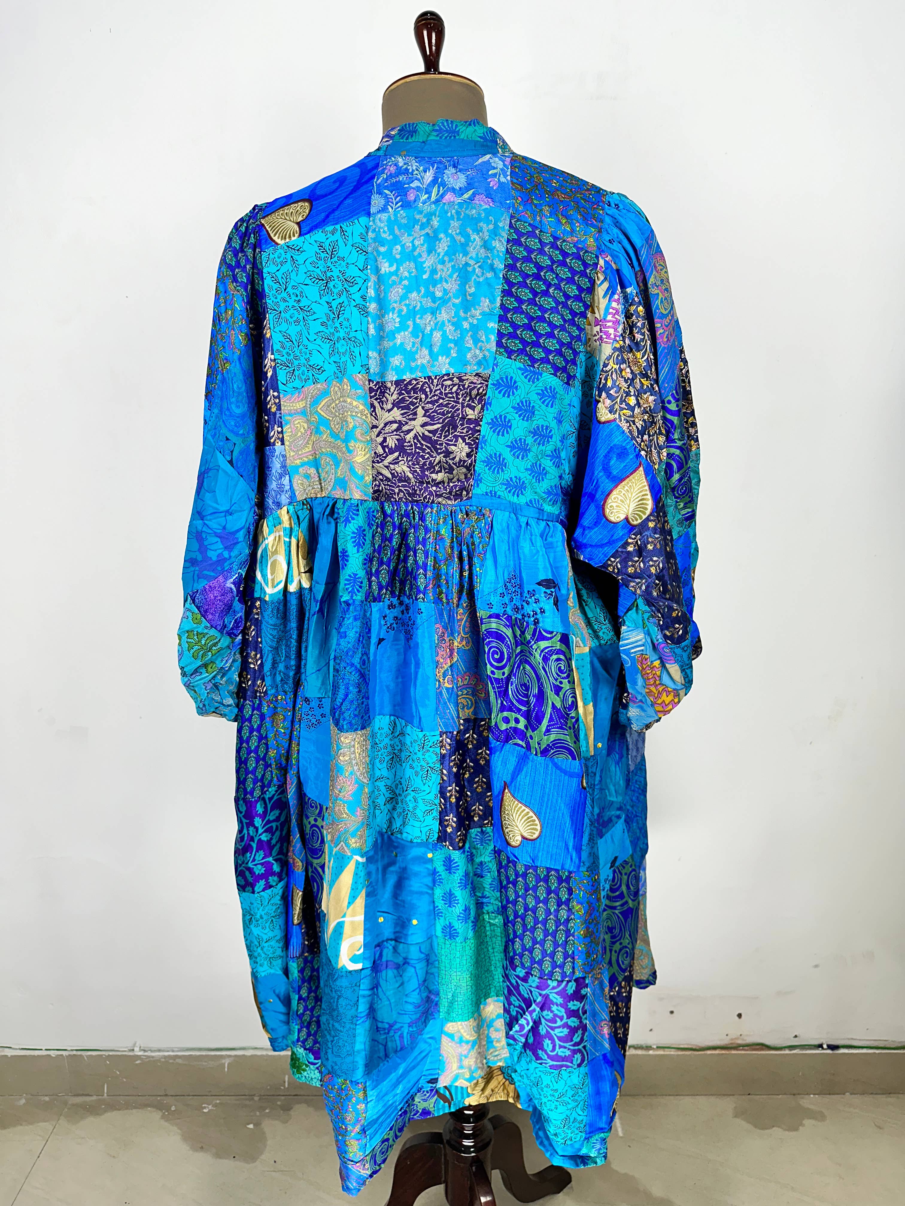 Hand Patchwork Dress - Blue Silk