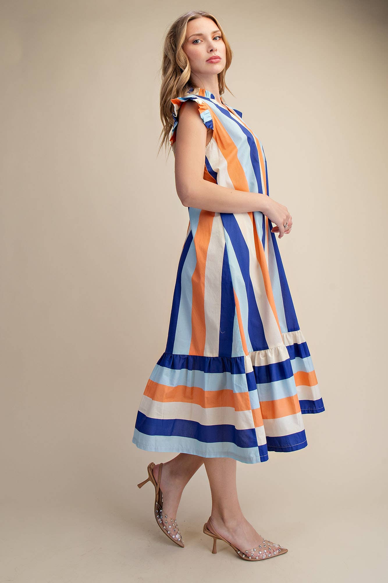 Ruffle Neck Sleeveless Flutter Stripe Midi Dress