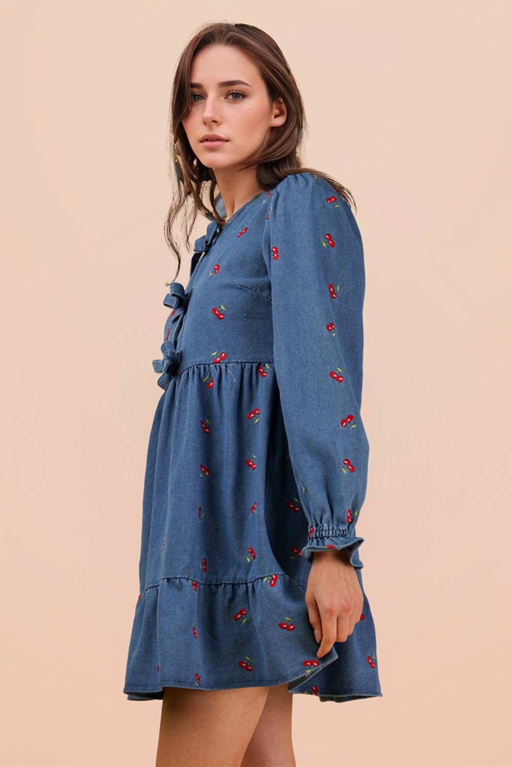 ND31898-Soft Washed Denim Printed Casual Mini Dress
