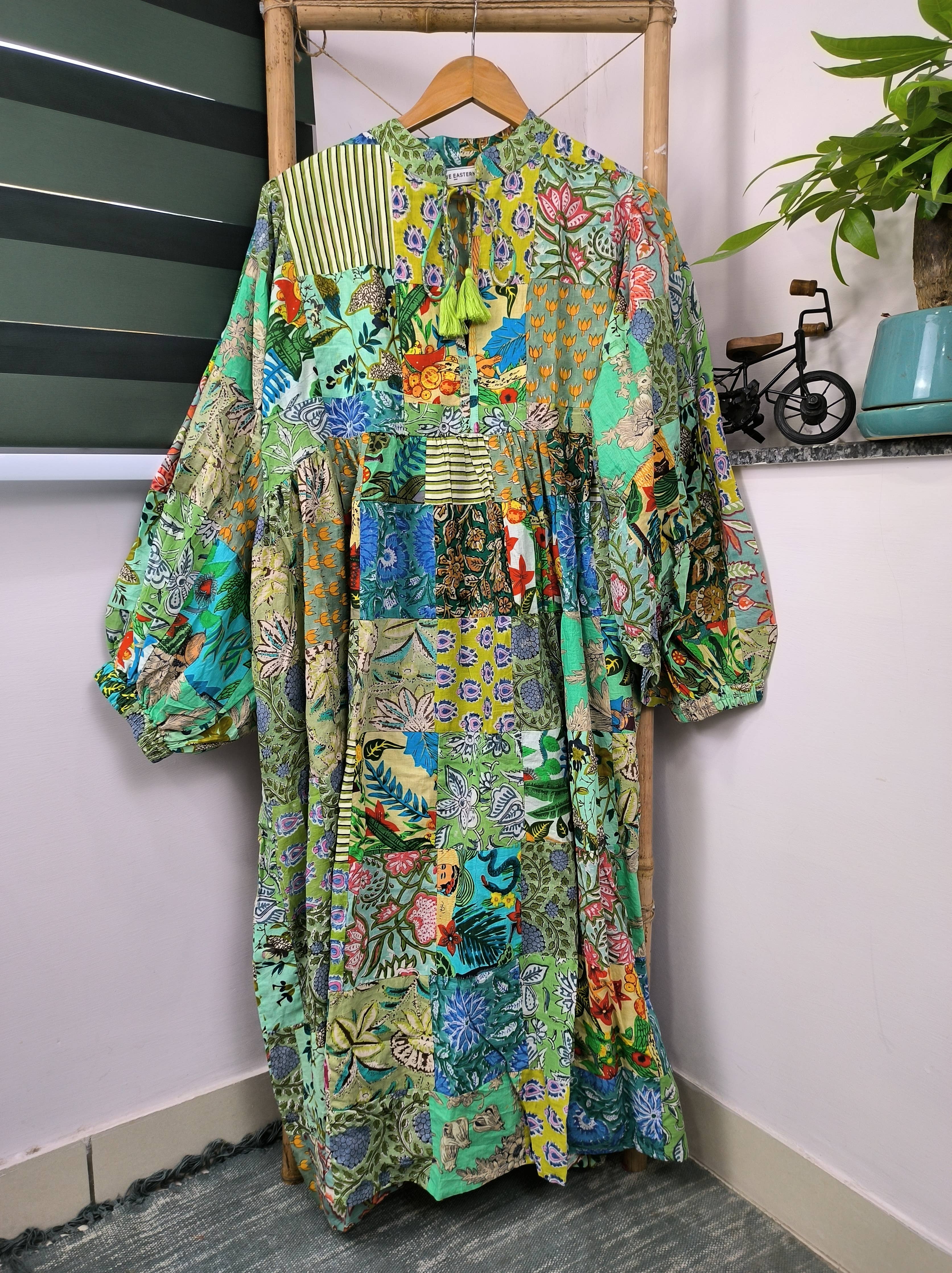 Hand Patchwork Dress - Green Cotton