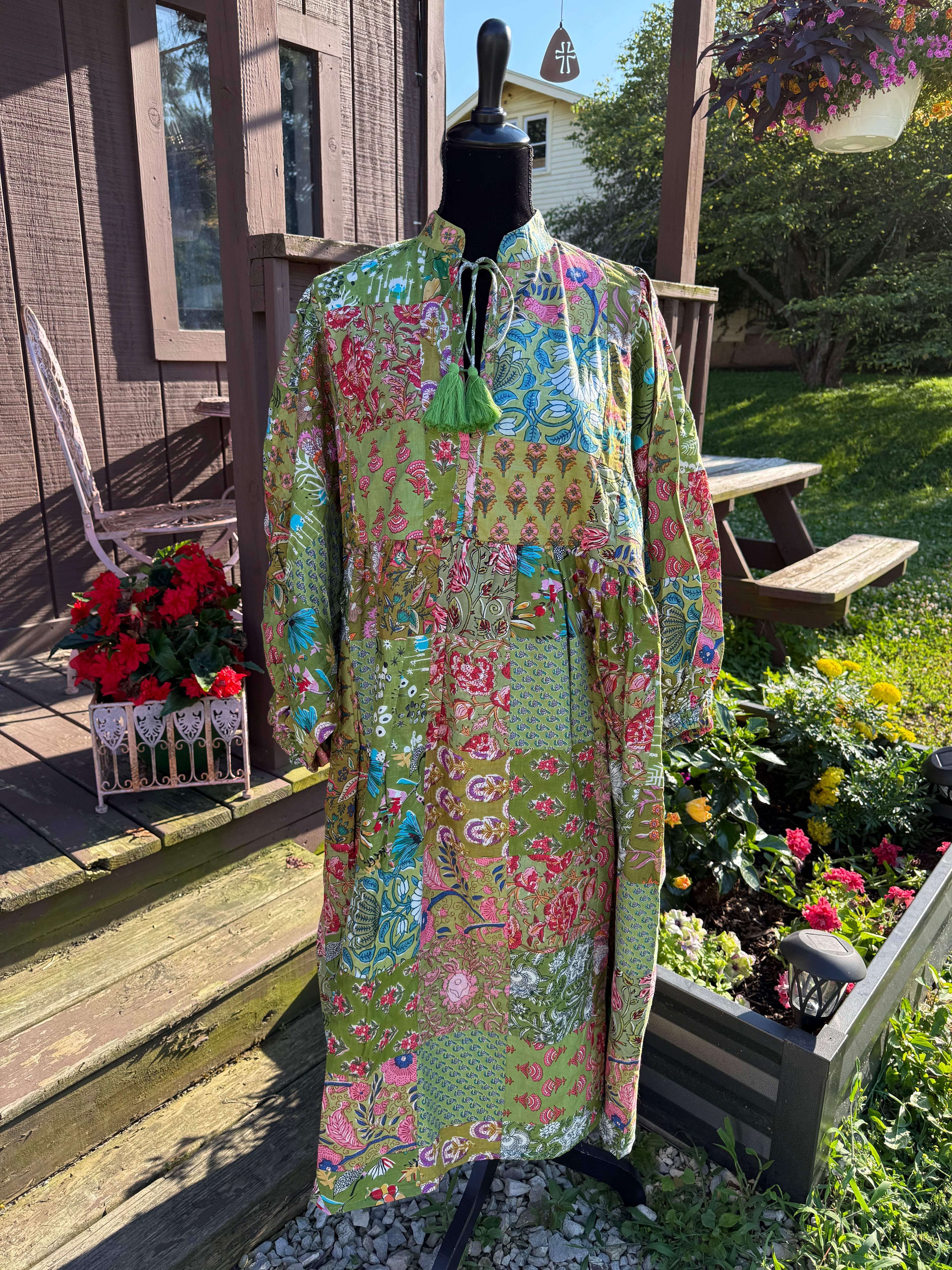 Hand Patchwork Dress - Green Cotton