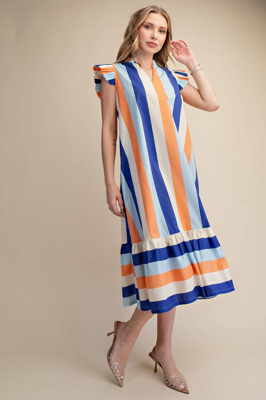 Ruffle Neck Sleeveless Flutter Stripe Midi Dress