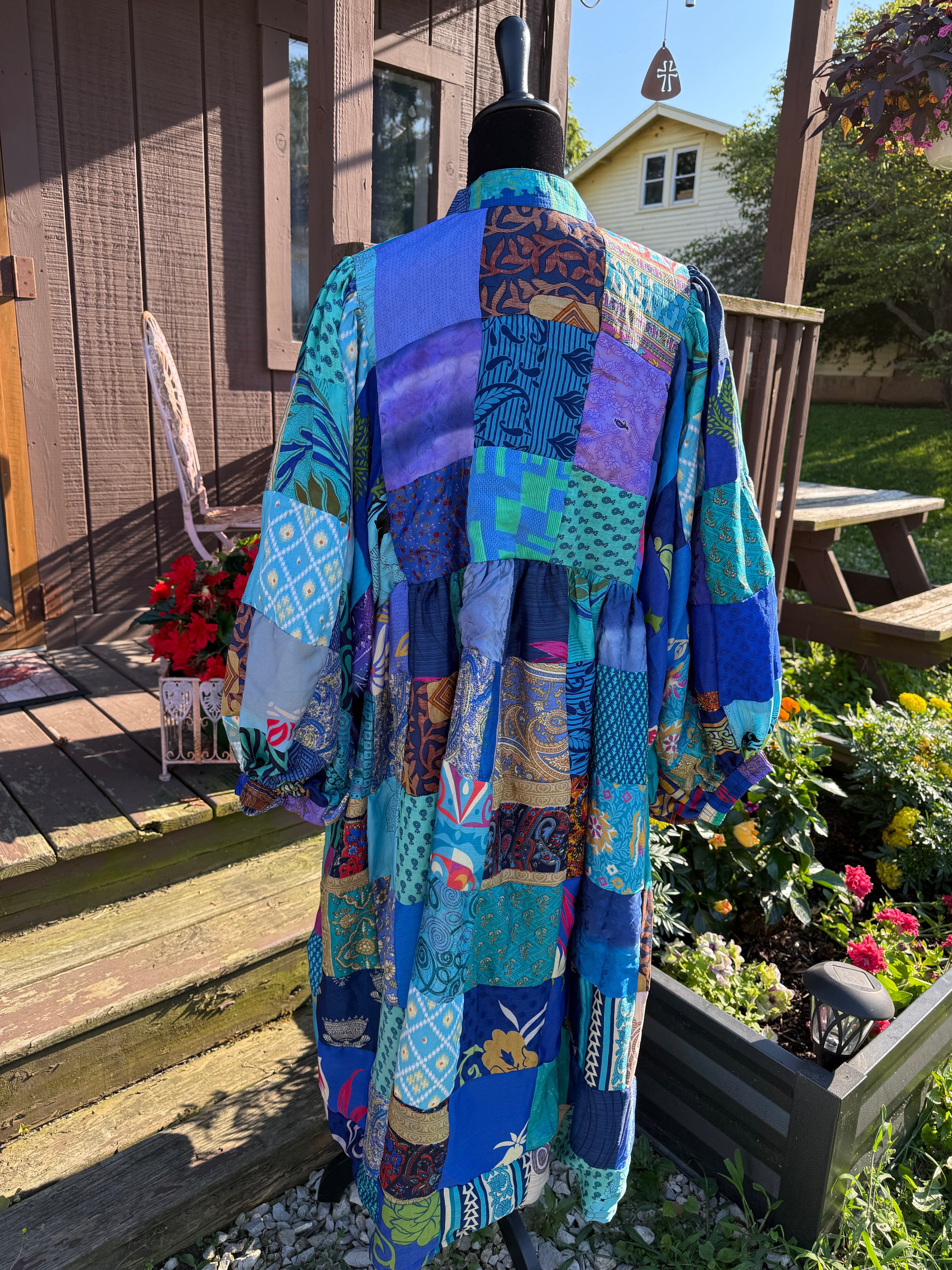 Hand Patchwork Dress - Blue Silk