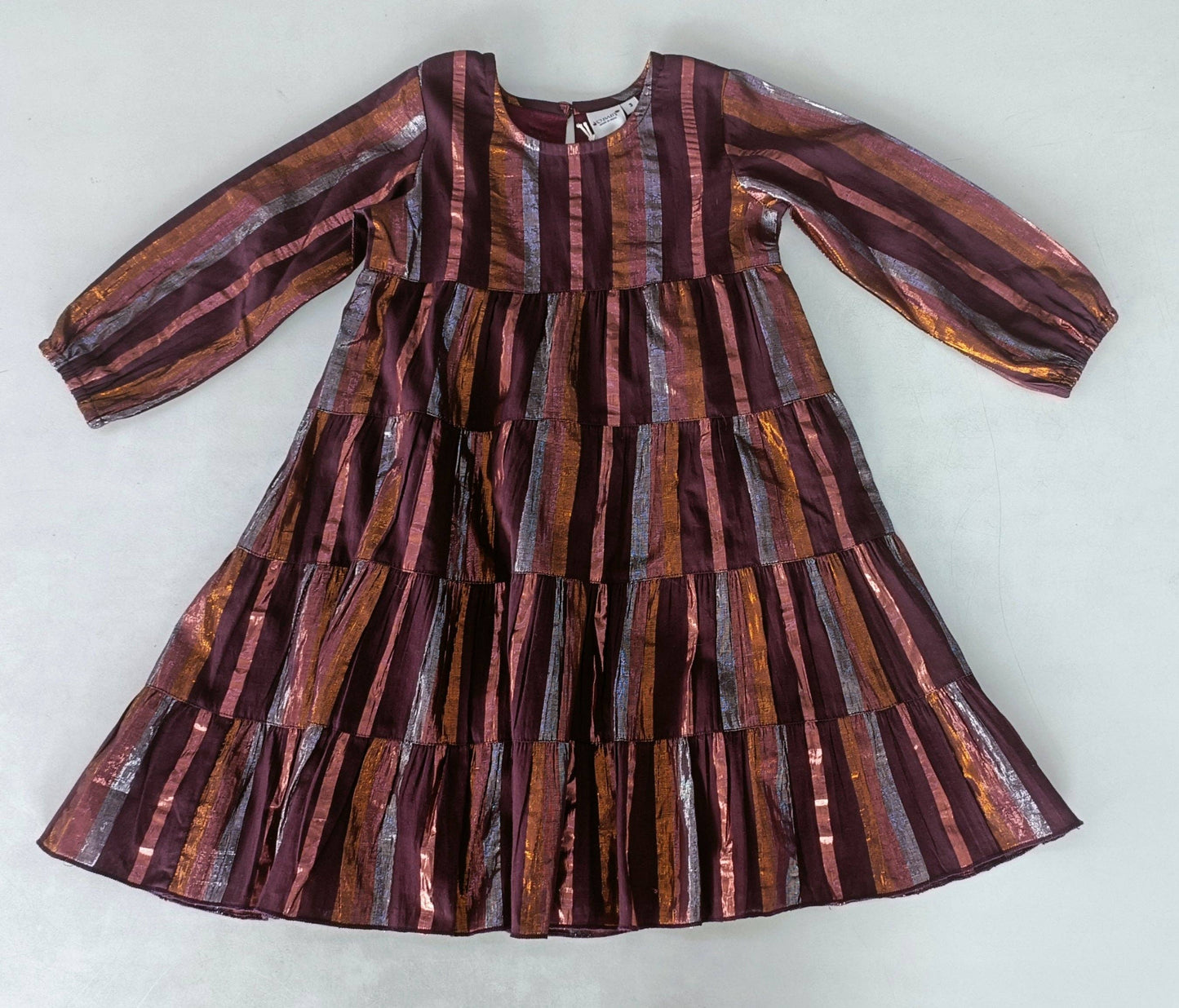 Burgundy Multi Lurex Tiered Long Sleeve Dress