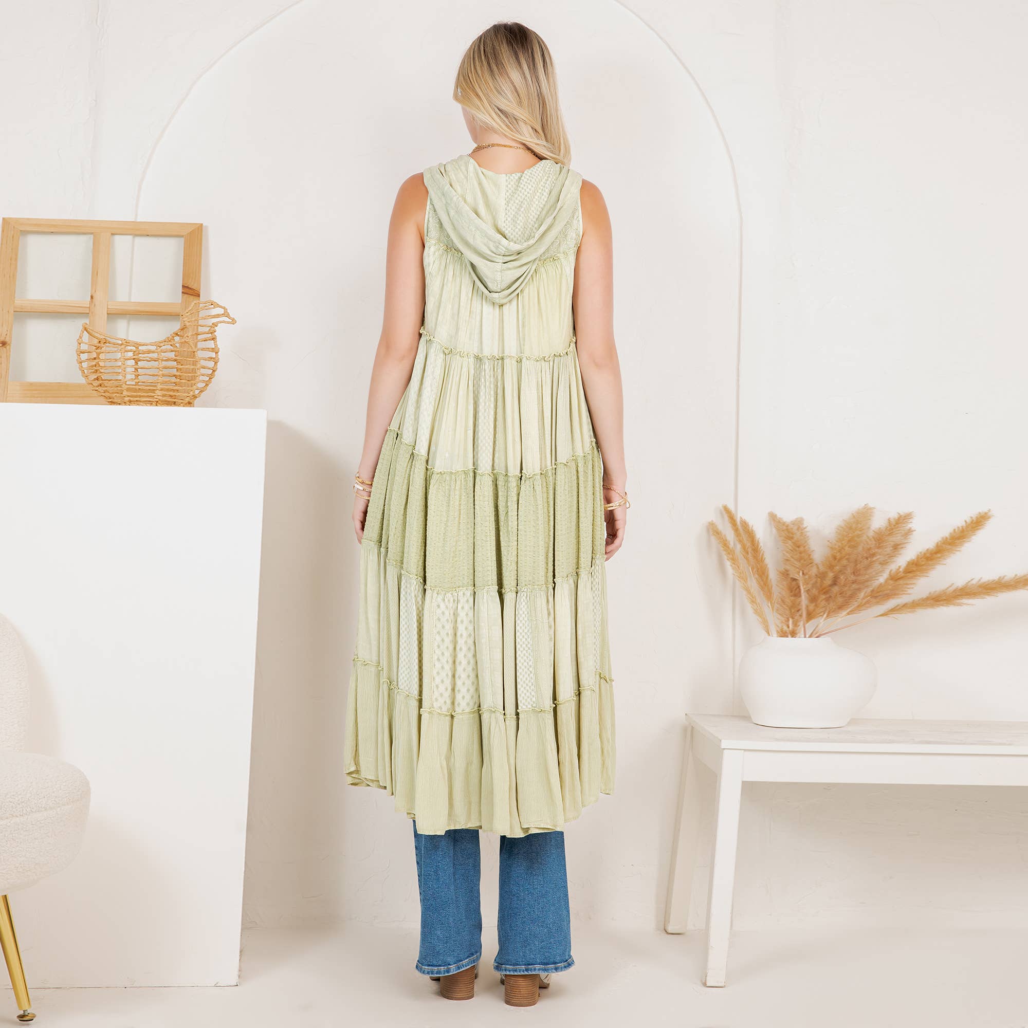 Boho Patchwork Sleeveless Maxi Duster With Hoodie NEW