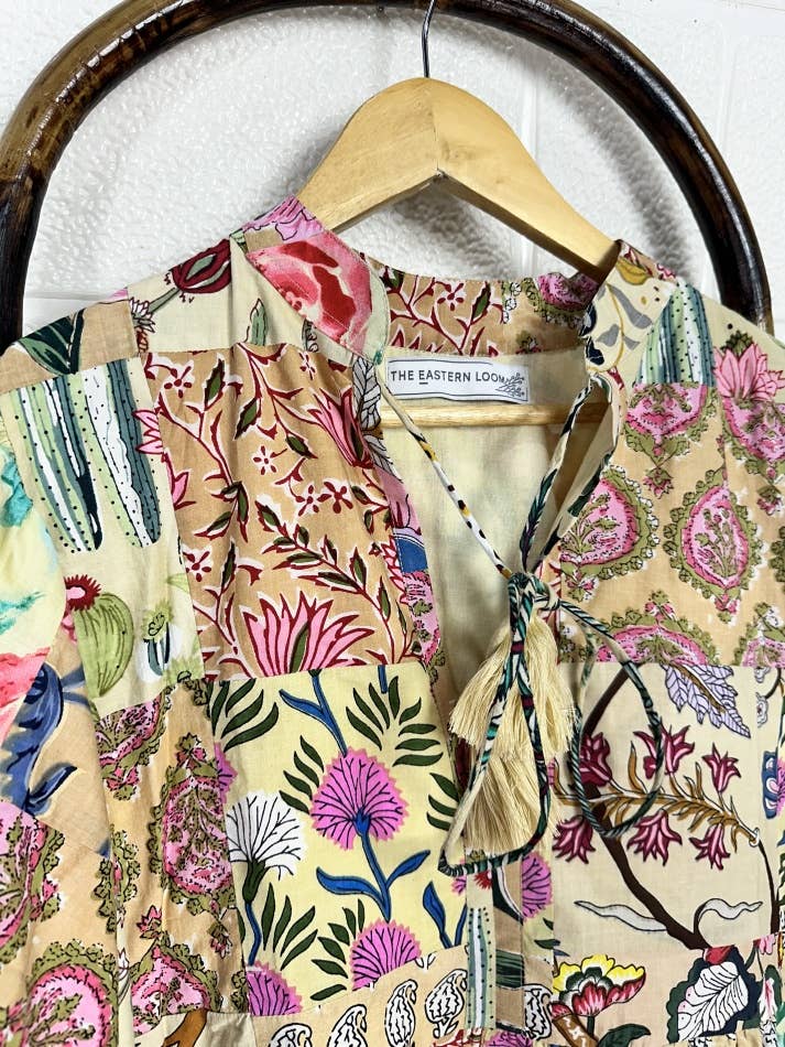 Hand Patchwork Cotton Dress - Beigh