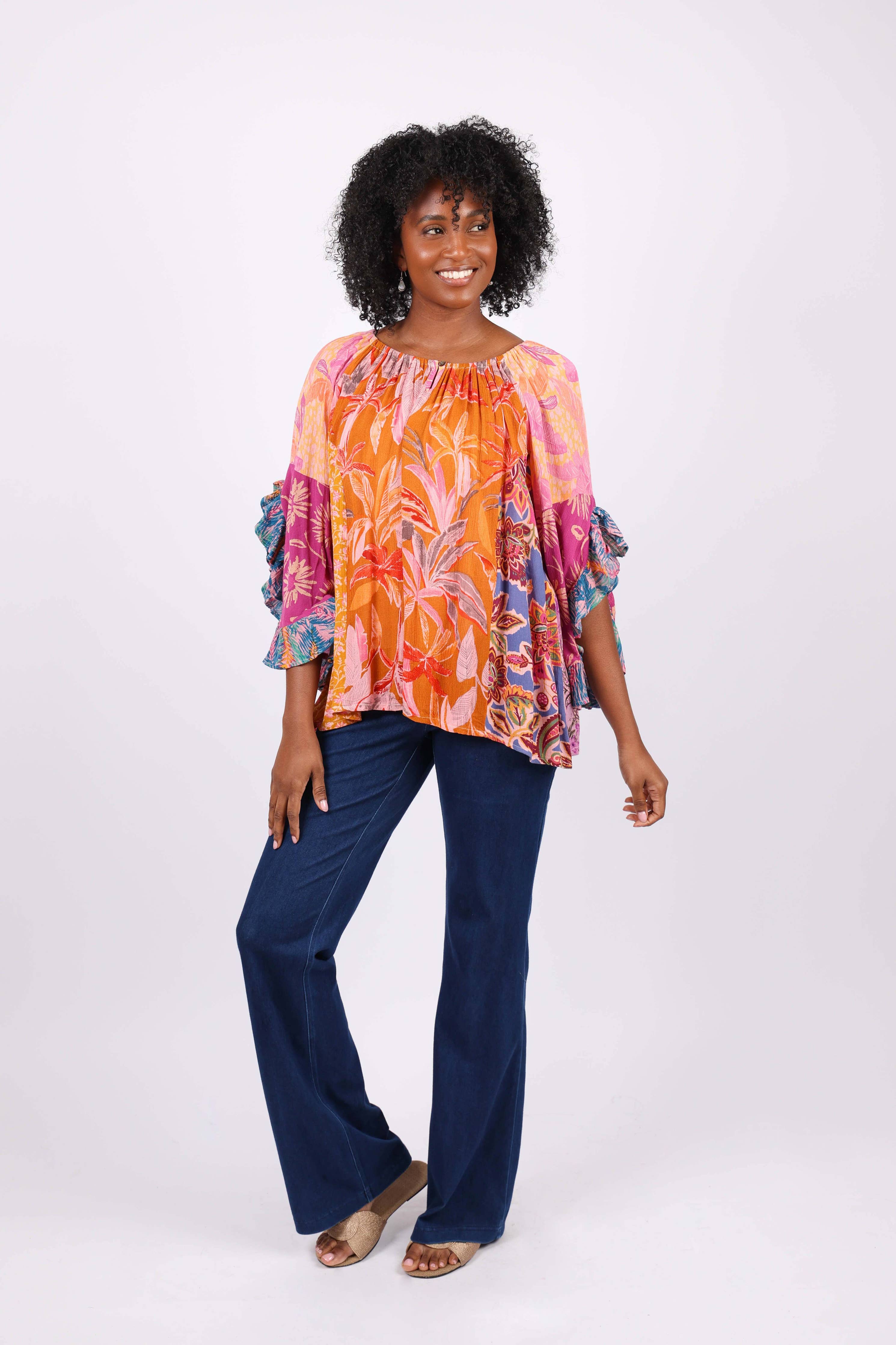 Flair Sleeve Floral Blouse: Rose Meadow Patchwork