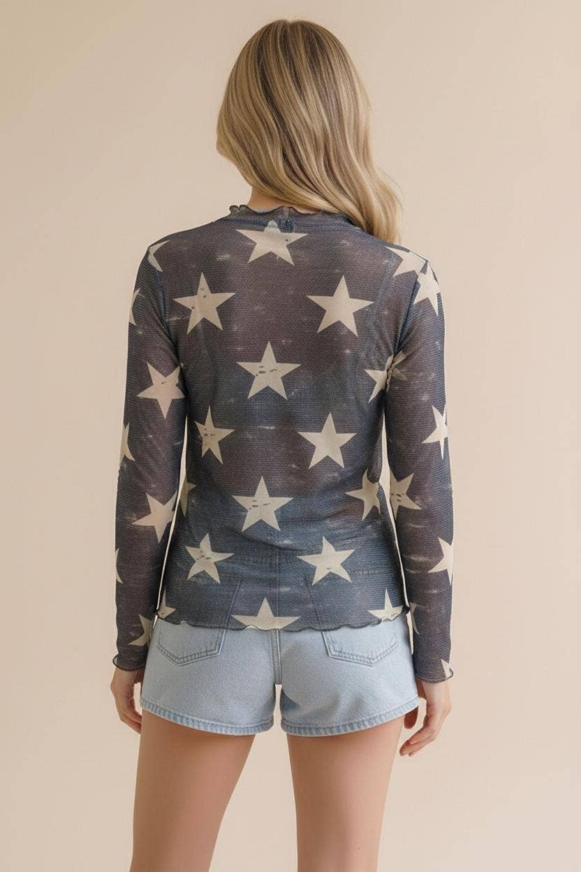 High Neck Line Vintage Star Print Mesh Top