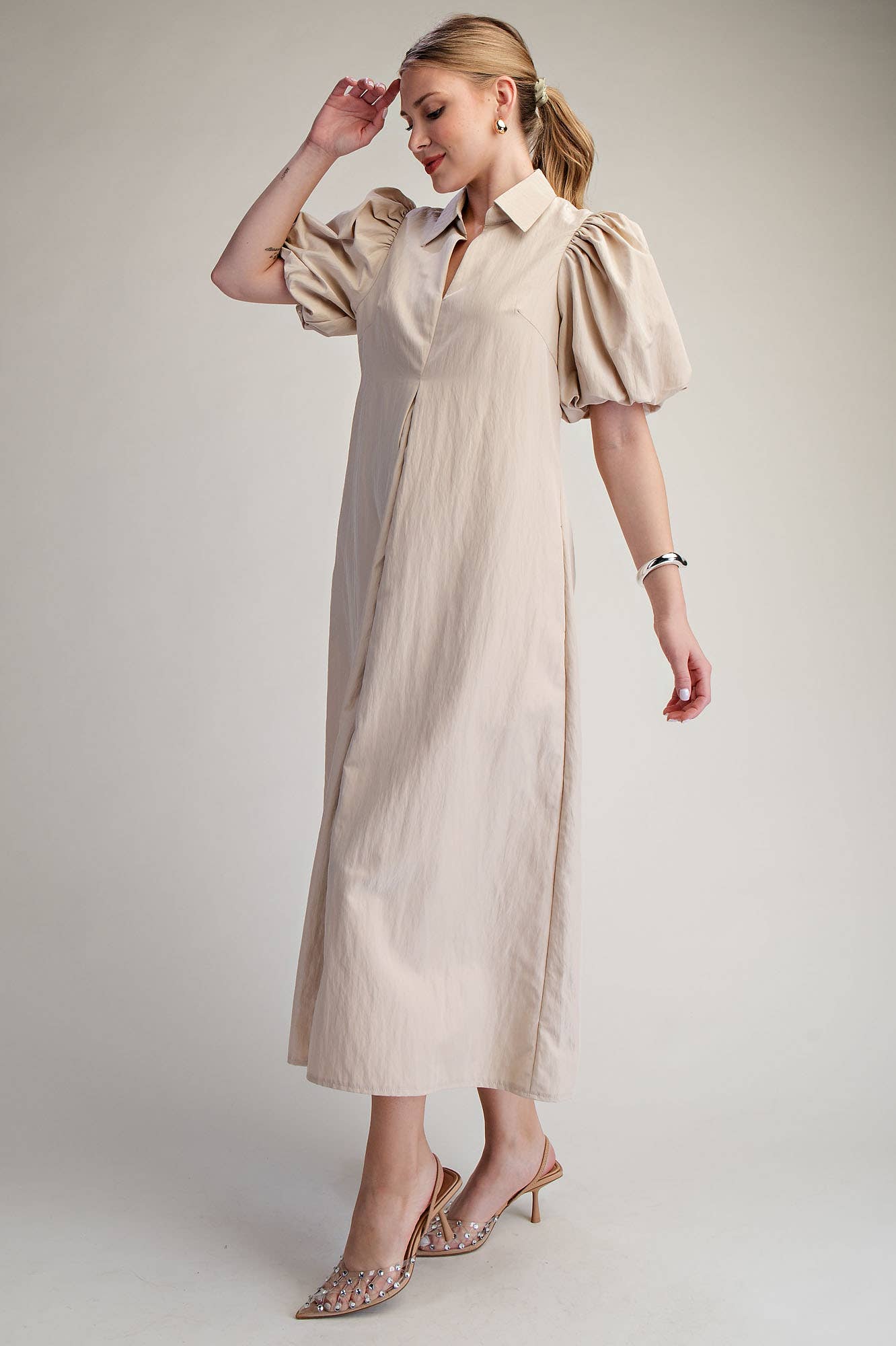 Collar V-Neck Puff Sleeve Pleated Midi Dress