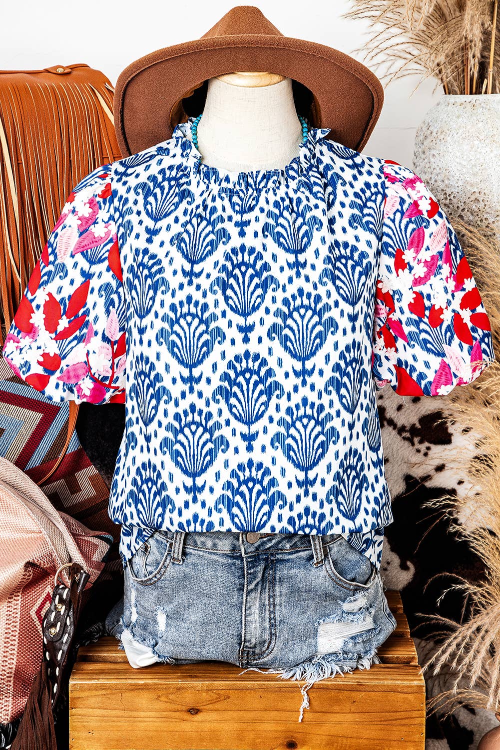 Western Fashion Print Floral Puff Sleeve Frill Neck Blouse