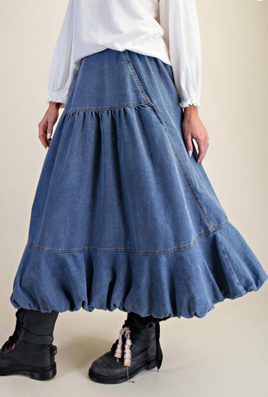 Bubble Hem Washed Denim Skirt