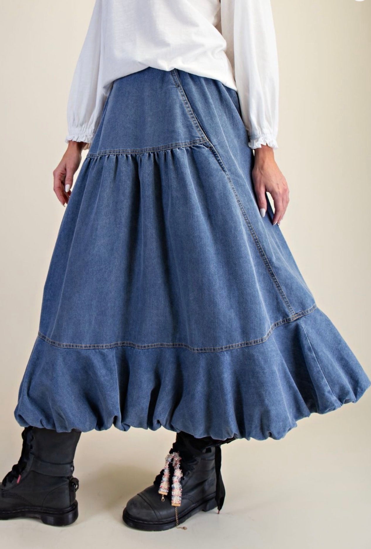 Bubble Hem Washed Denim Skirt