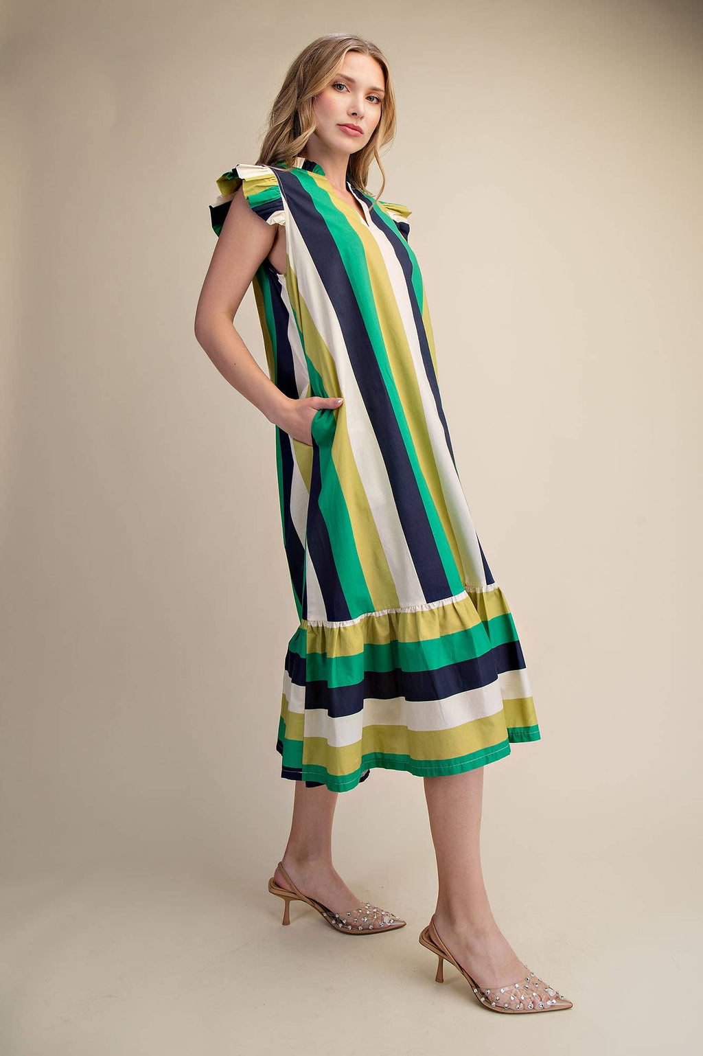 Ruffle Neck Sleeveless Flutter Stripe Midi Dress
