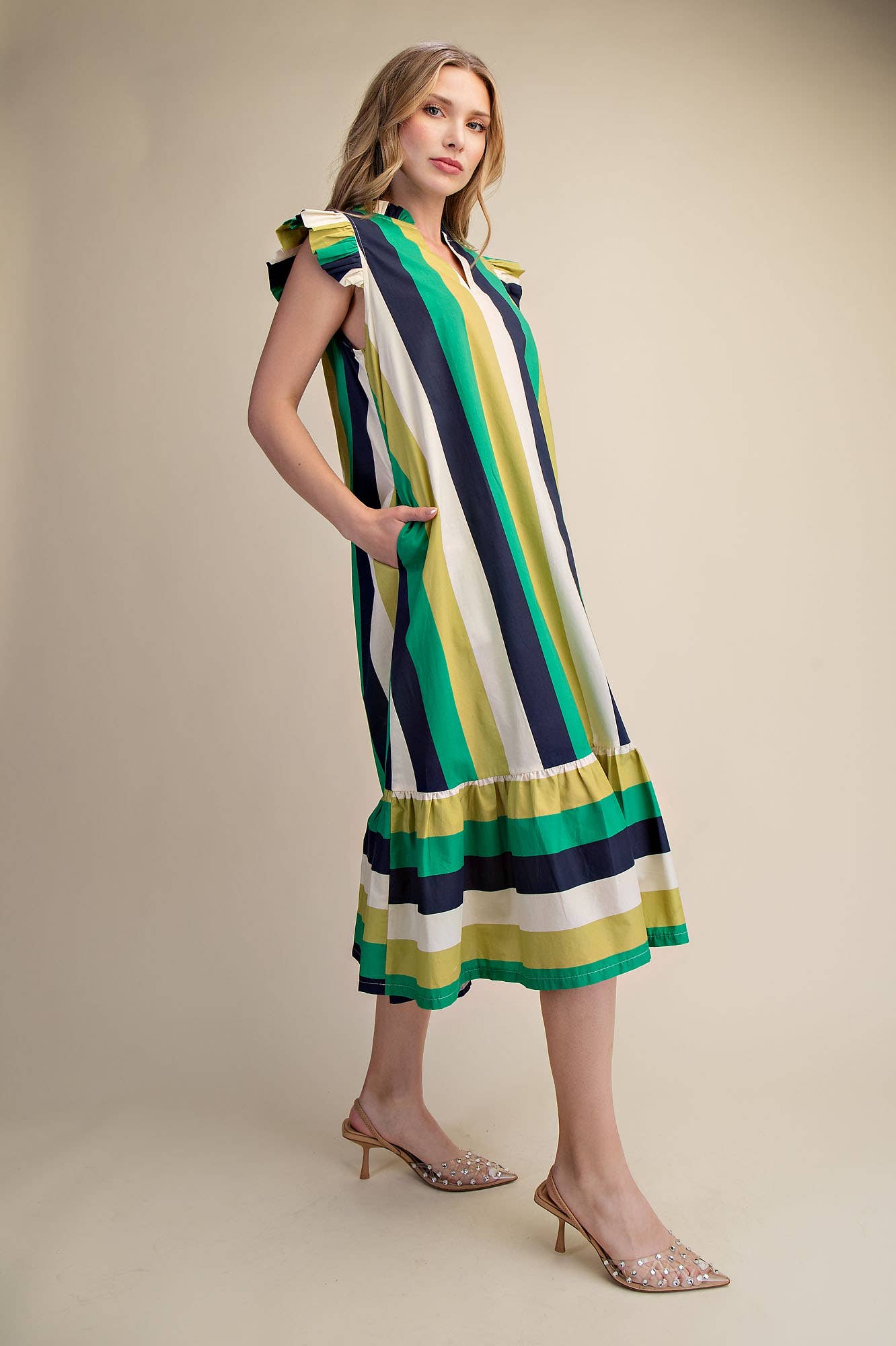 Ruffle Neck Sleeveless Flutter Stripe Midi Dress