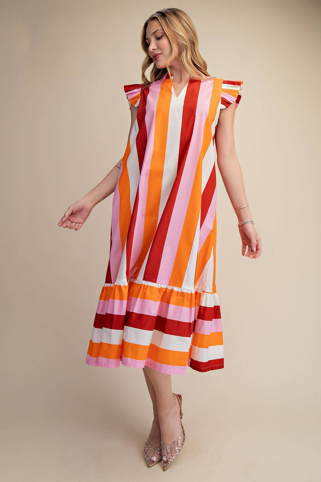 Ruffle Neck Sleeveless Flutter Stripe Midi Dress