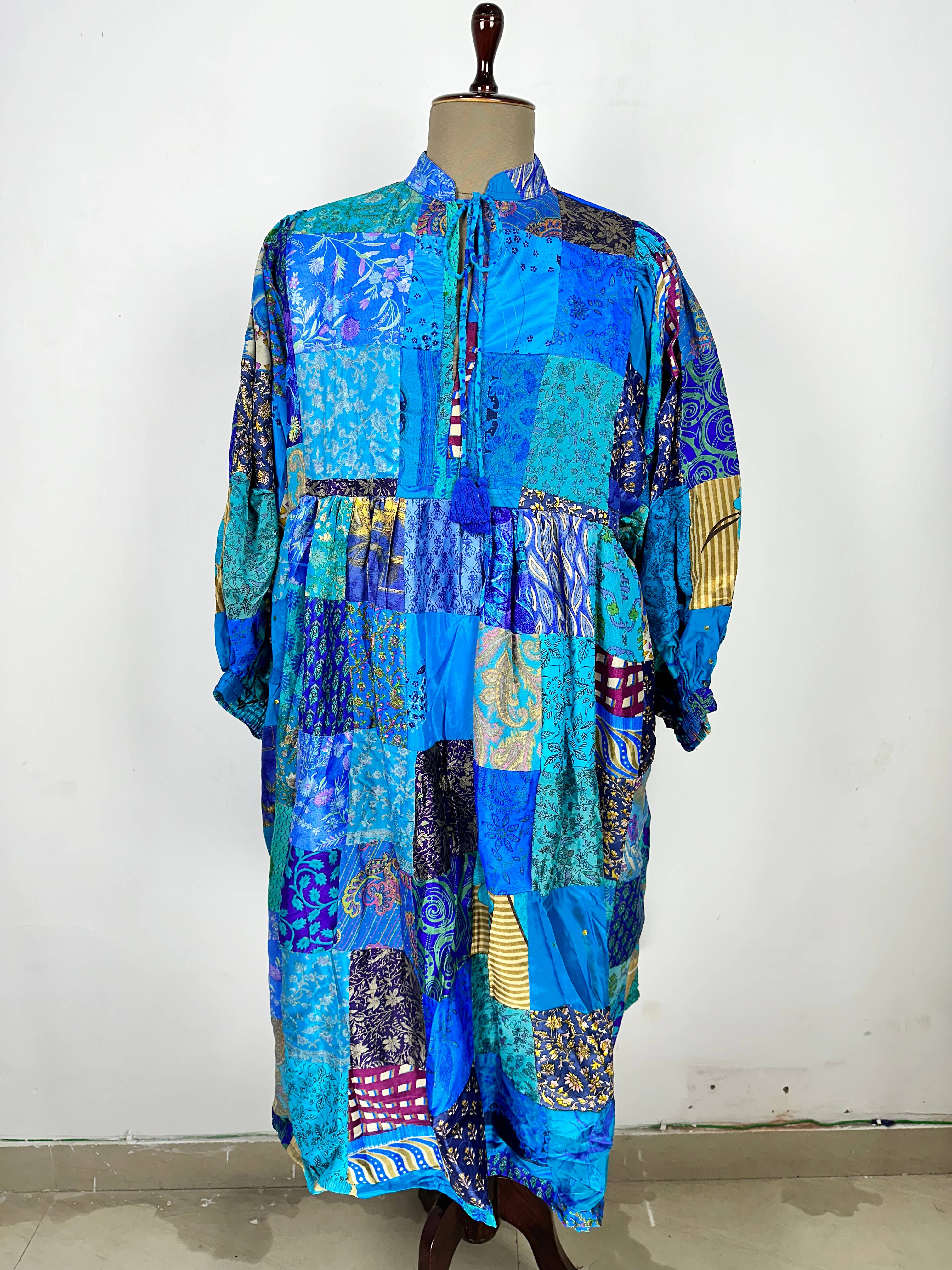 Hand Patchwork Dress - Blue Silk