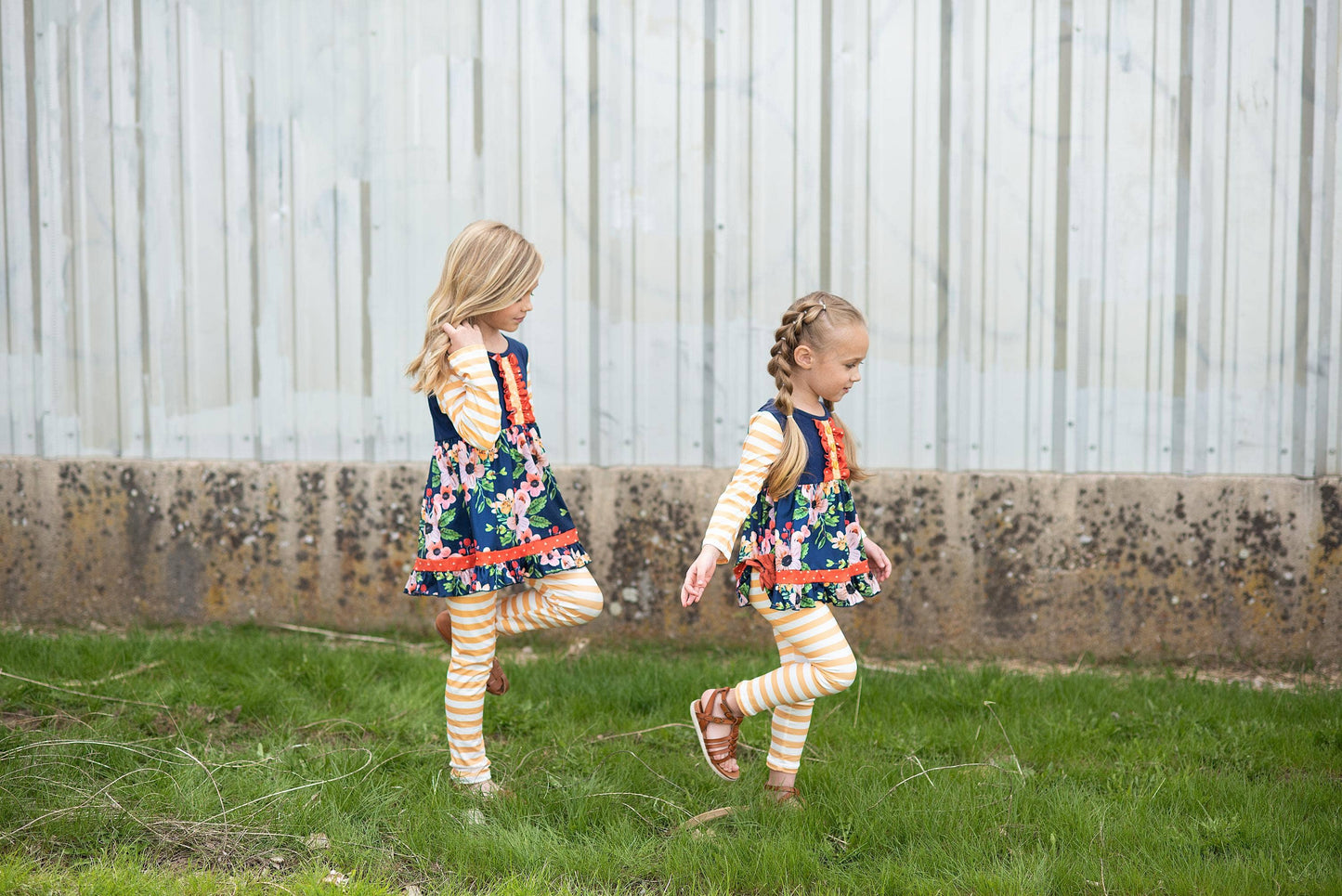 Kids Navy & Mustard Stripe Ruffle Button Long Sleeve Shirt