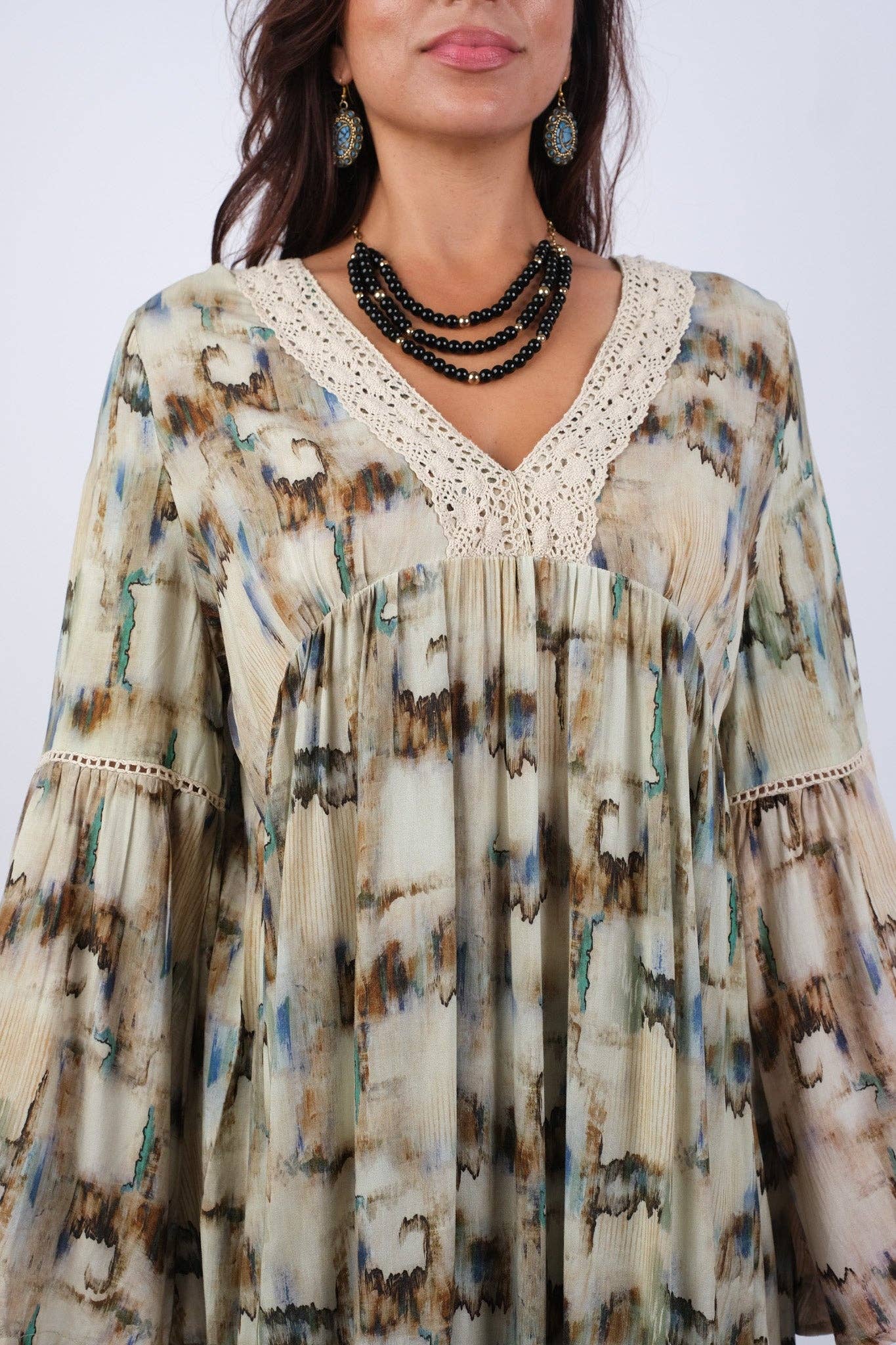 Abstract Camel Tunic with Flared Sleeves