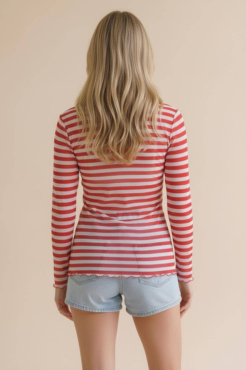 High Neck Line Long Sleeve Stripe Mesh Top