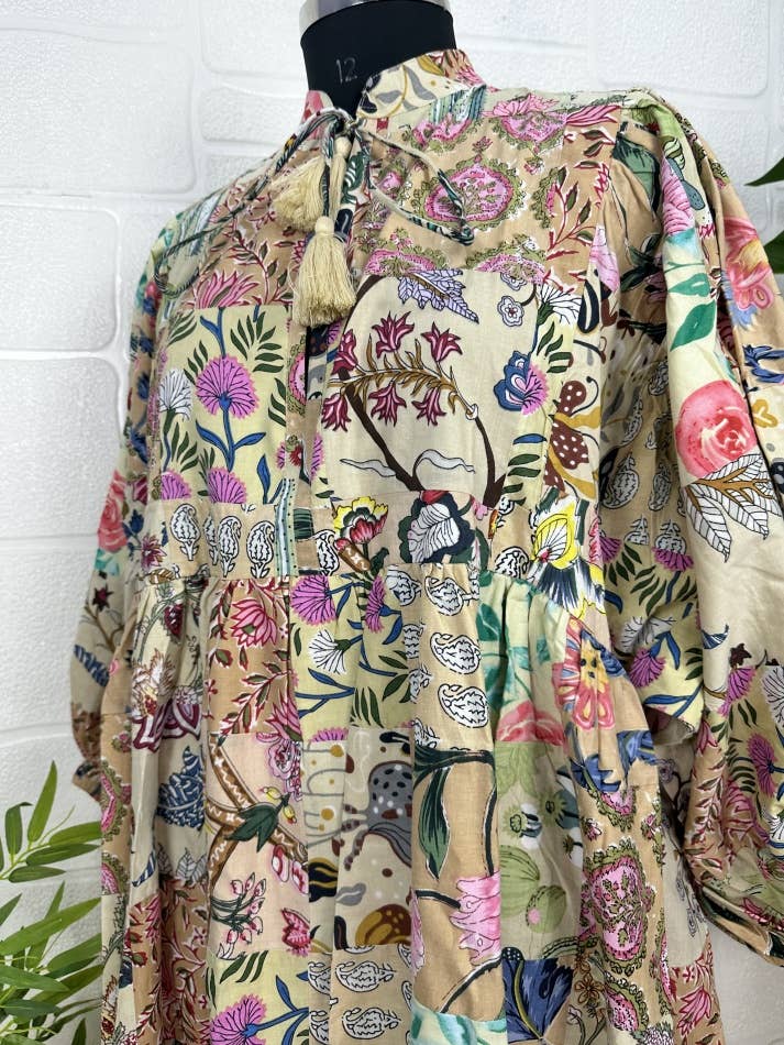 Hand Patchwork Cotton Dress - Beigh