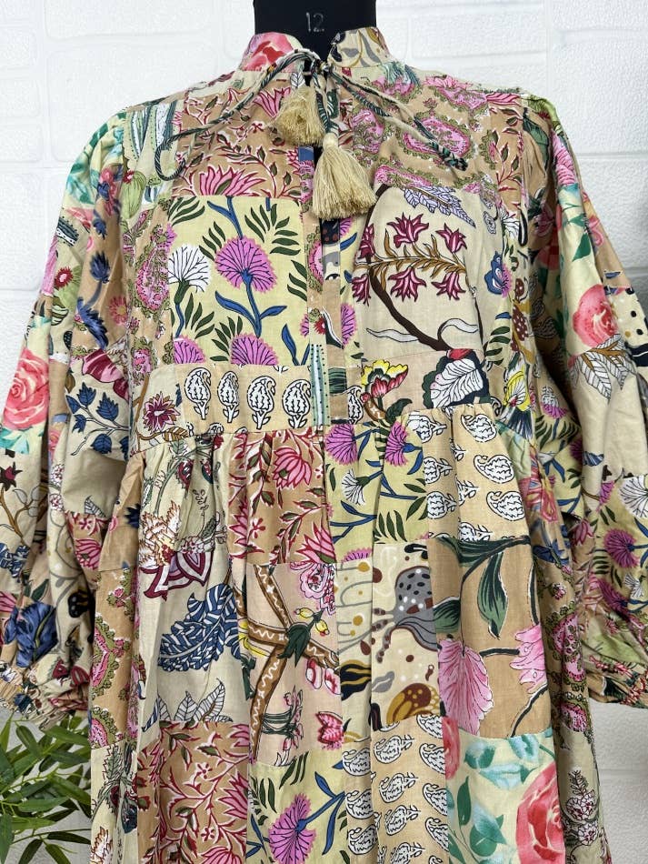 Hand Patchwork Cotton Dress - Beigh
