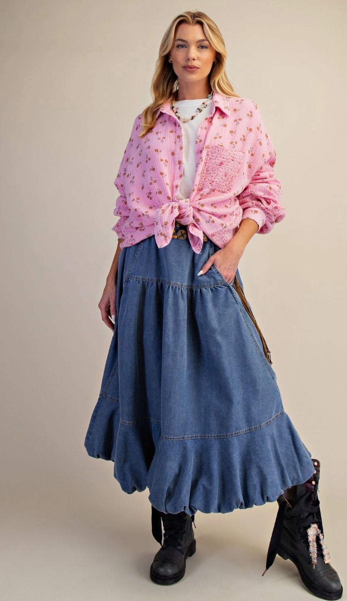Bubble Hem Washed Denim Skirt