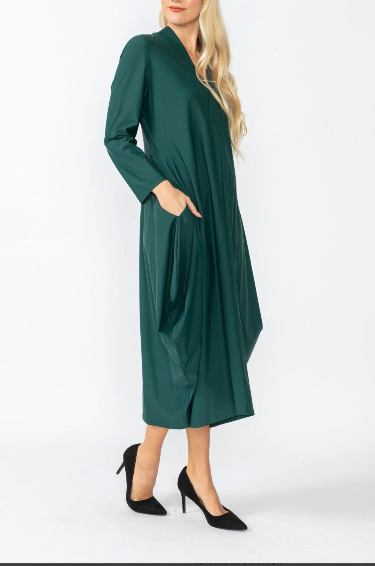 Hunter Green Shawl Collar Draped Dress
