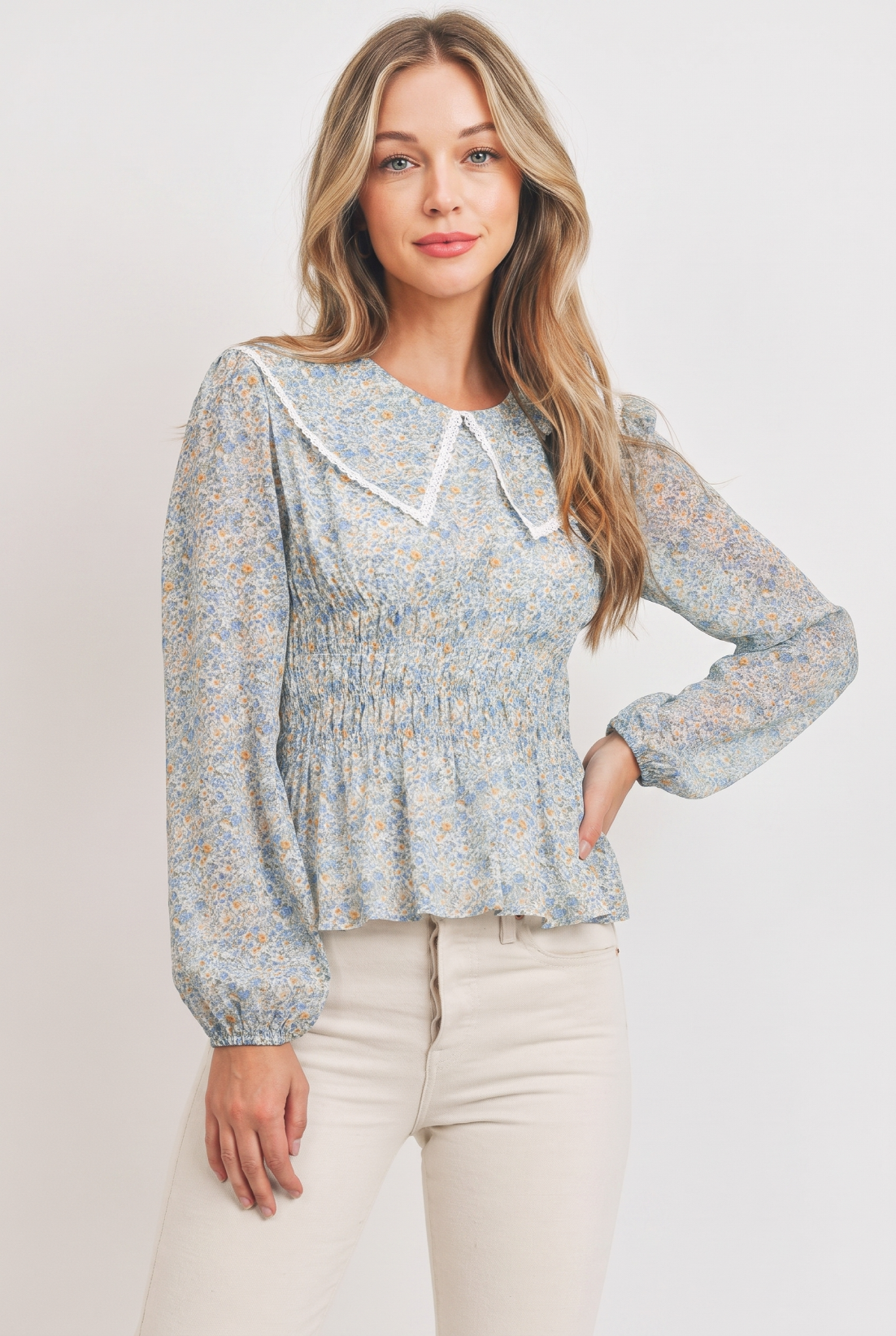 C12513A Floral Print Blouse with Lace Collar