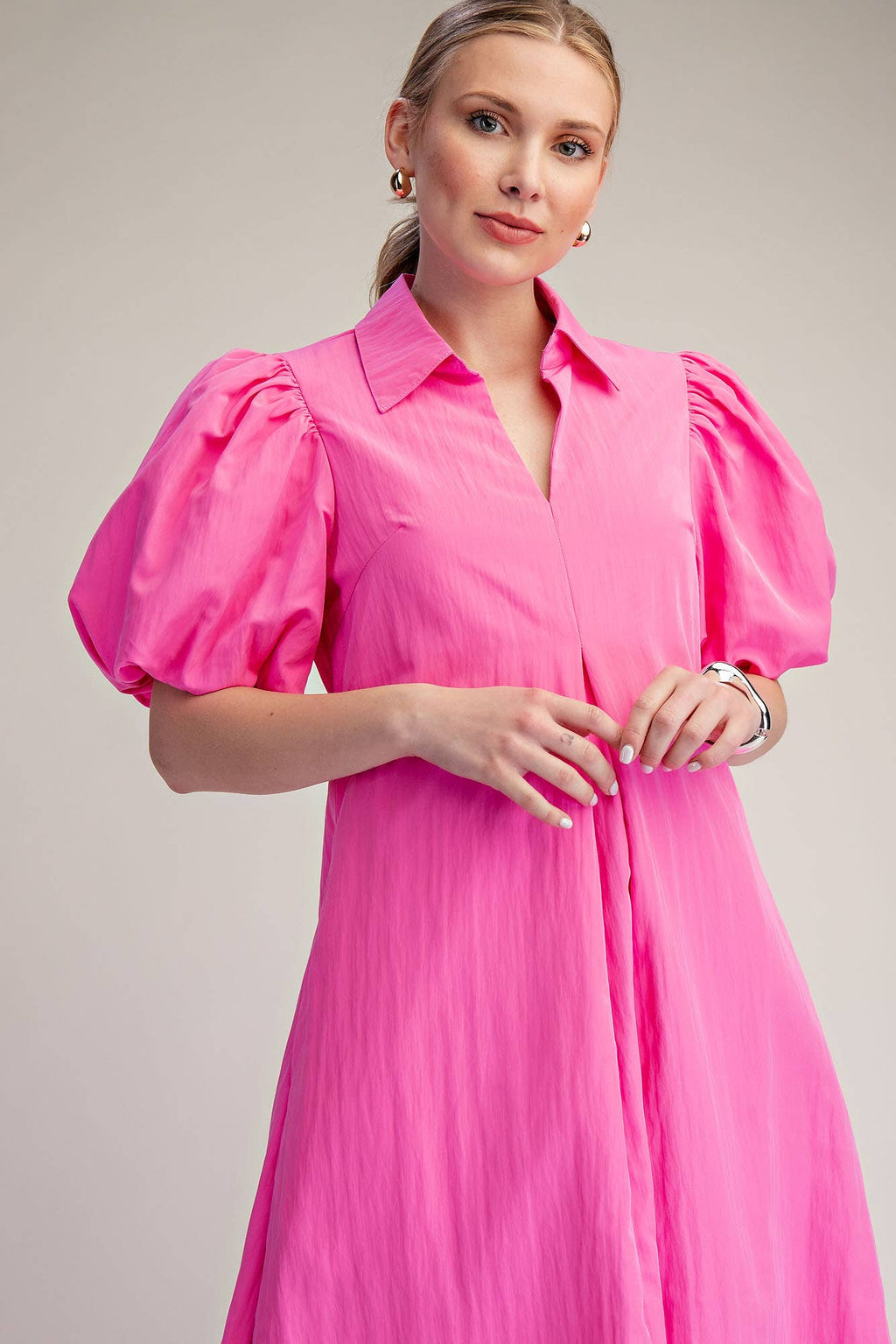 Collar V-Neck Puff Sleeve Pleated Midi Dress