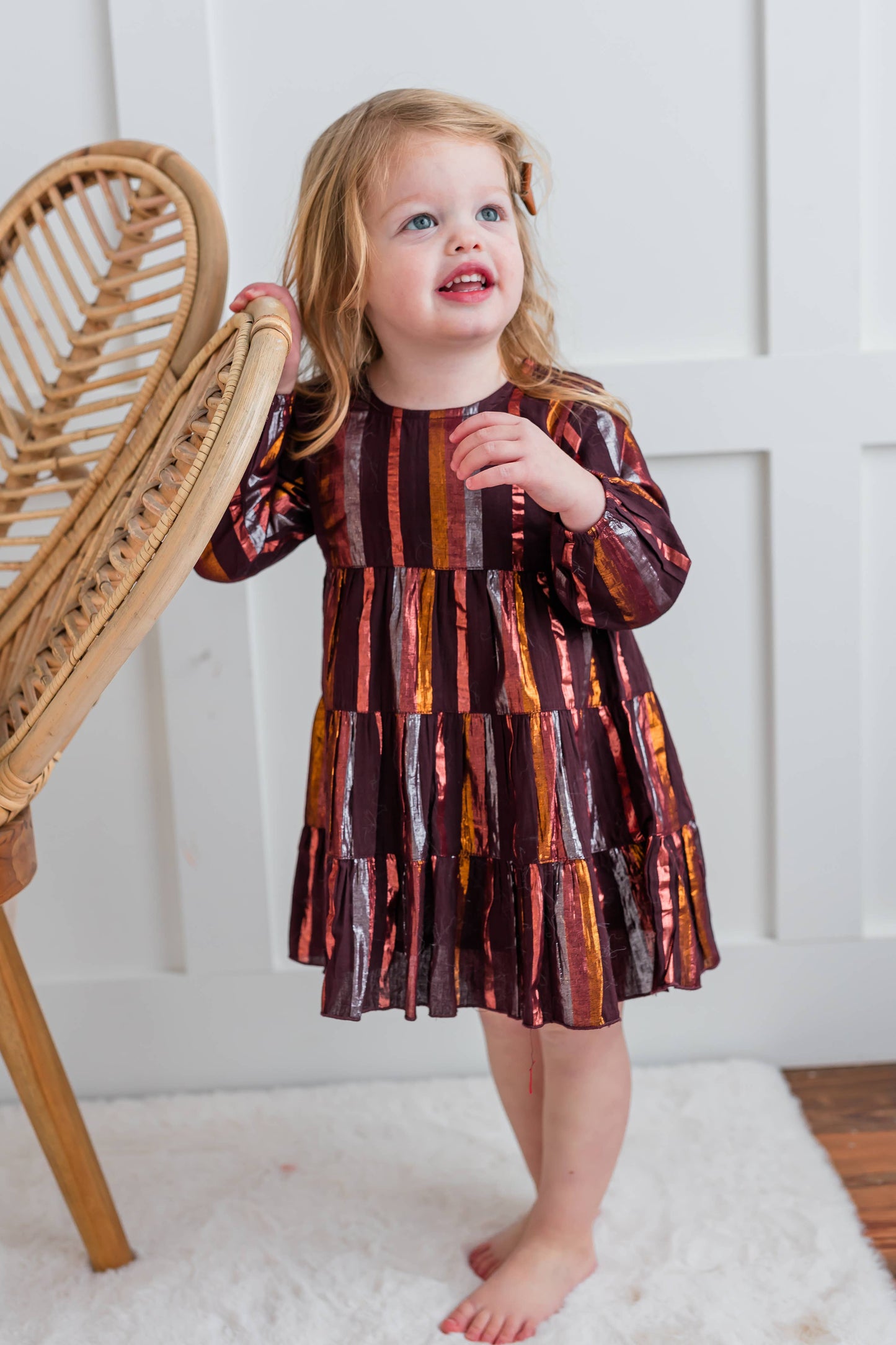 Burgundy Multi Lurex Tiered Long Sleeve Dress