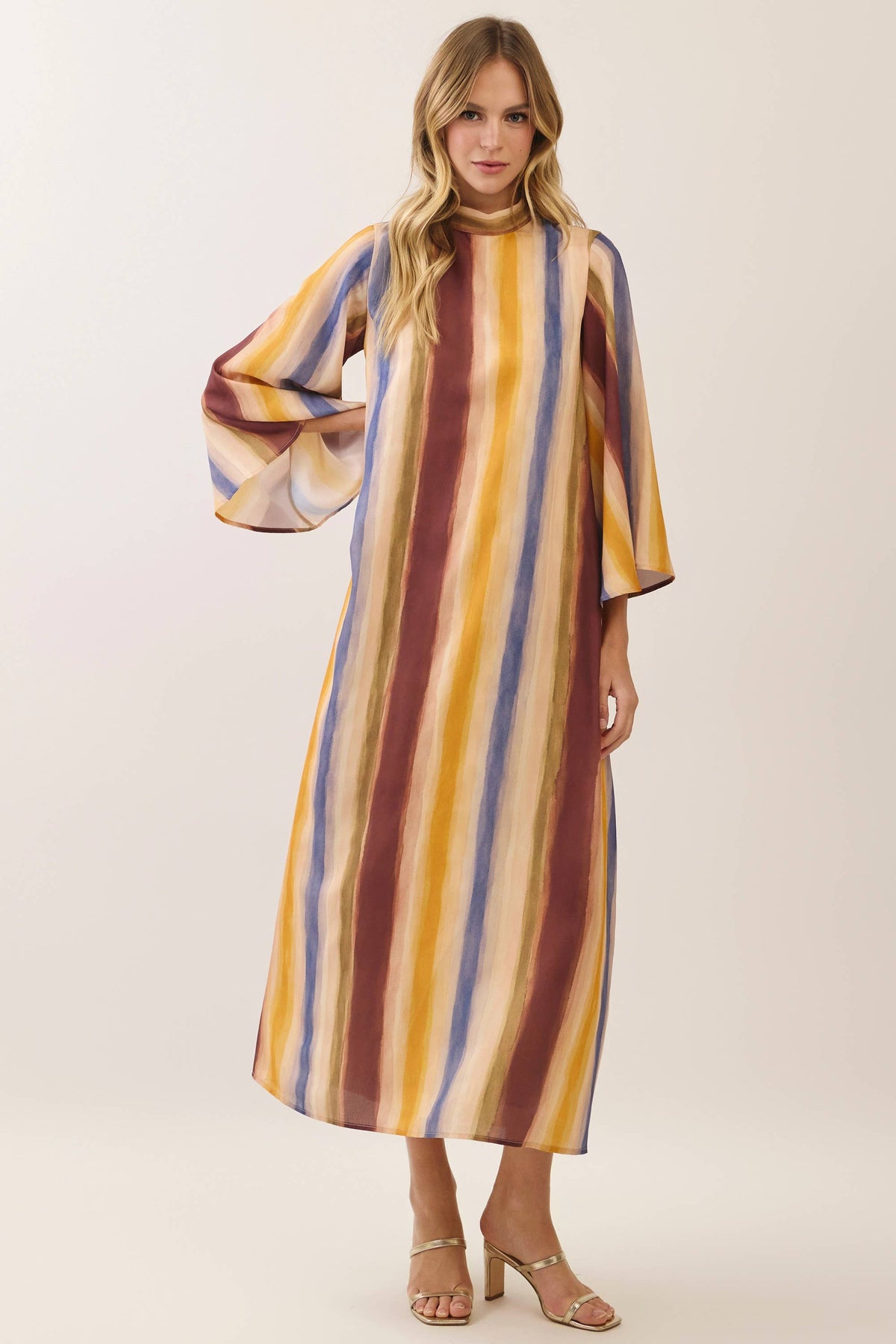 Watercolor striped tie neck maxi dress