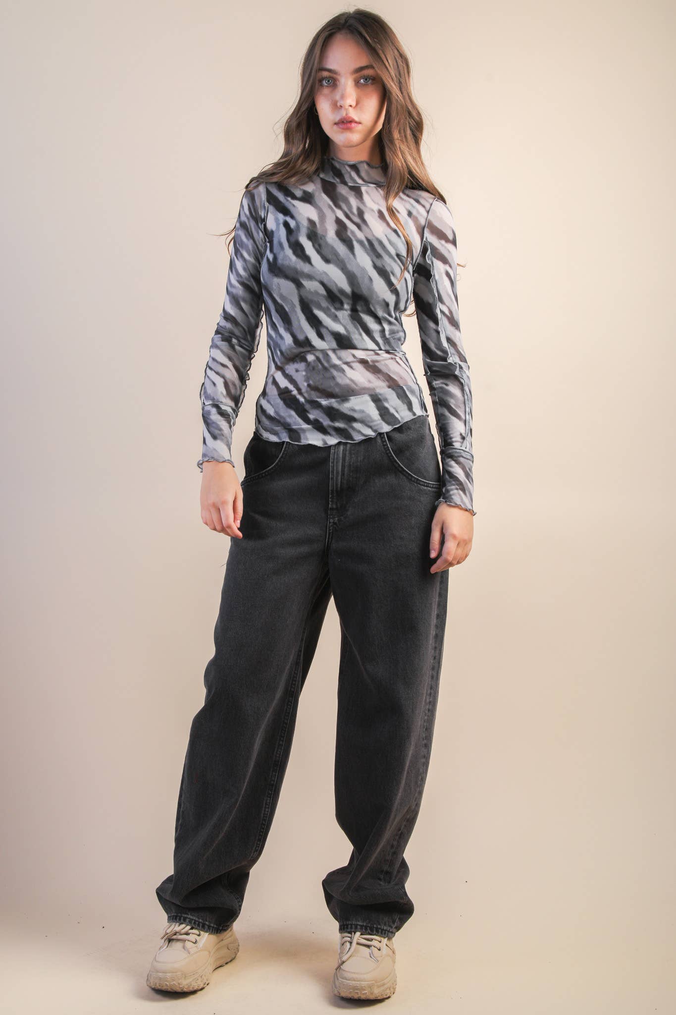 NT12256-Zebra Printed See Thru Fitted Lace Top