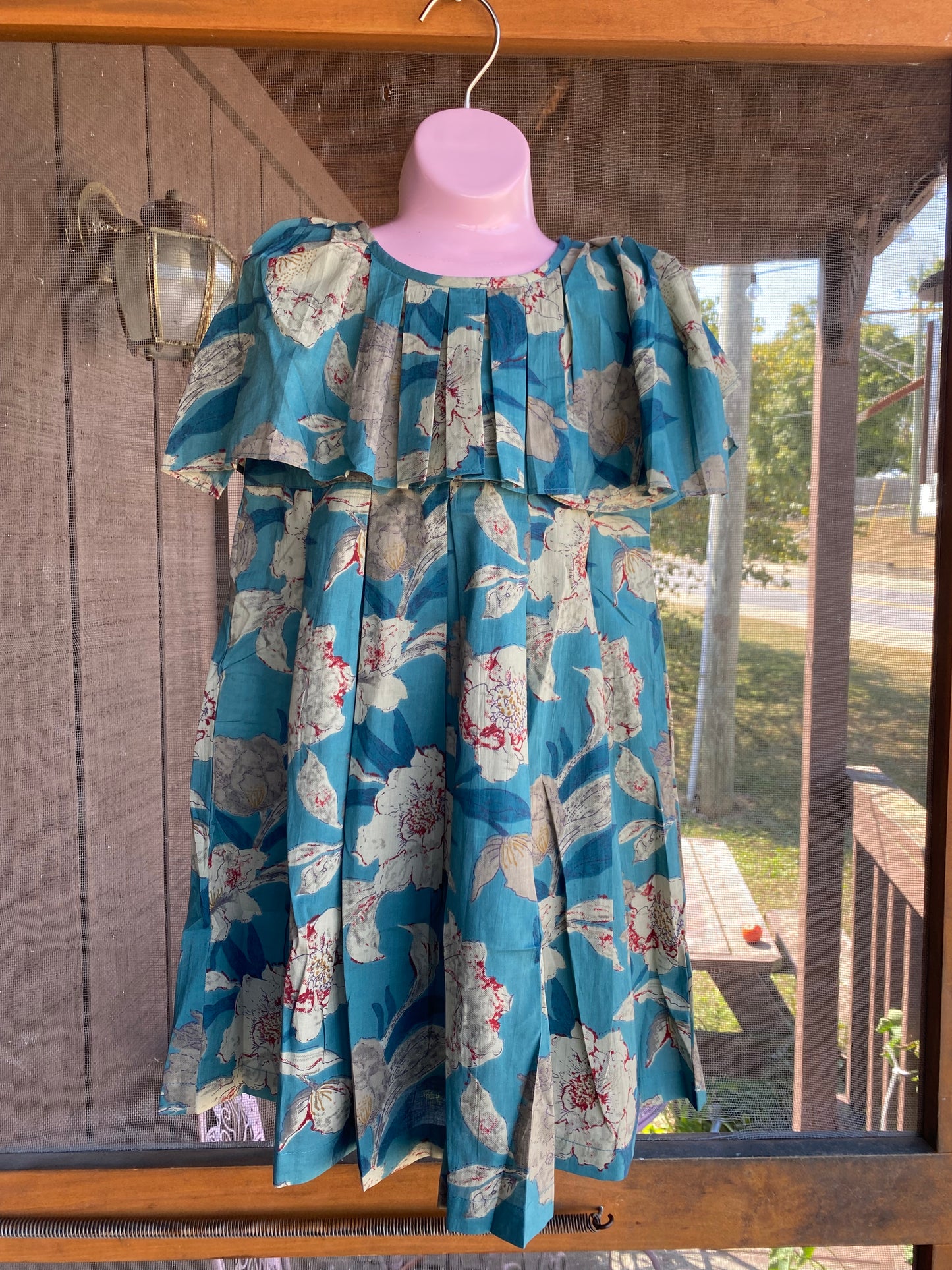 Turquoise Floral Printed Box Pleated Dress