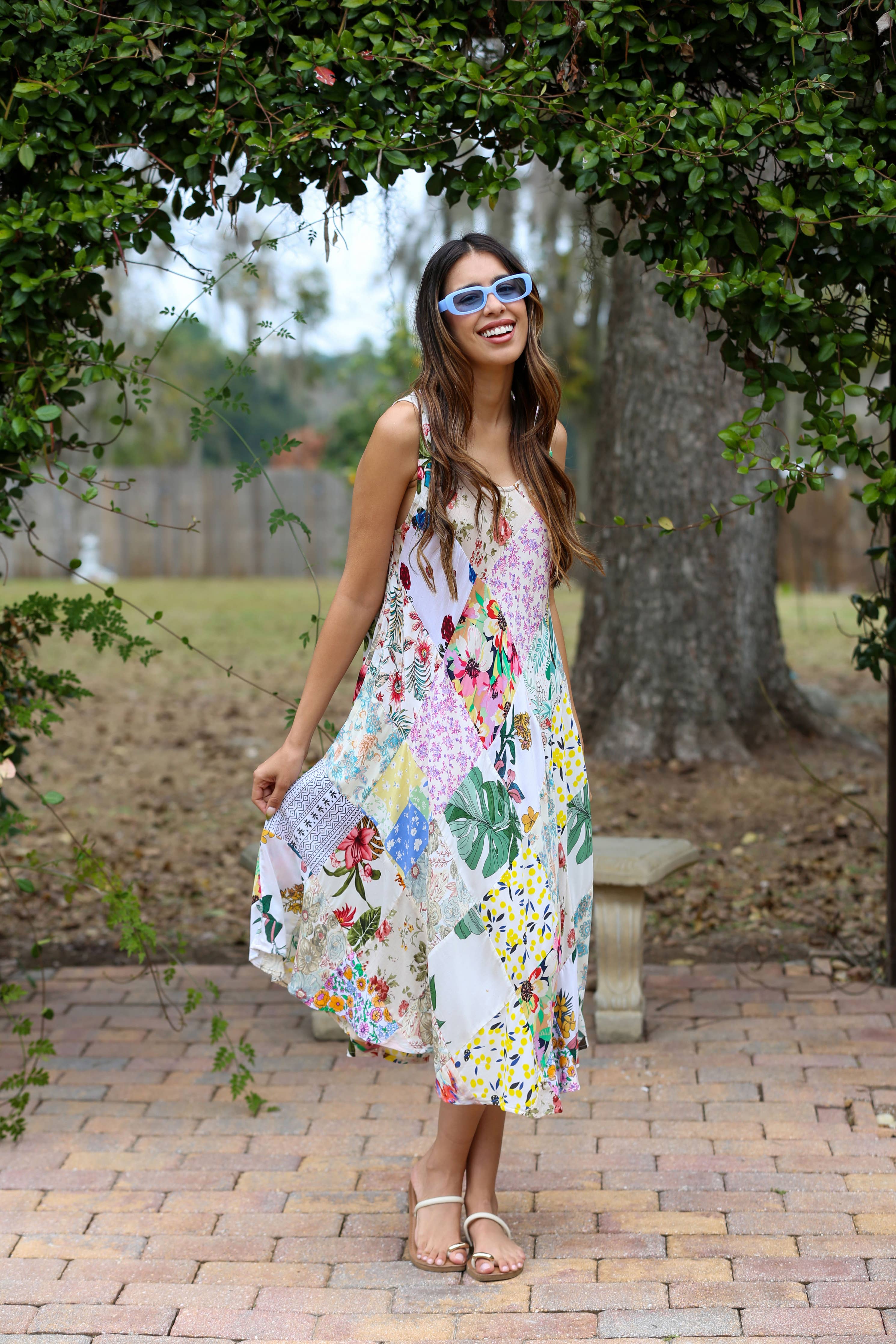 White Floral Umbrella Dress in Upcycled Patchwork