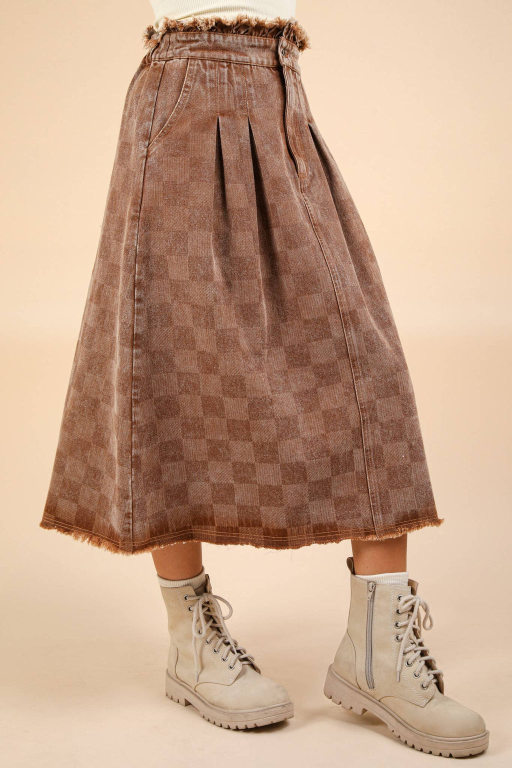 Washed Checkered Denim Midi Skirt