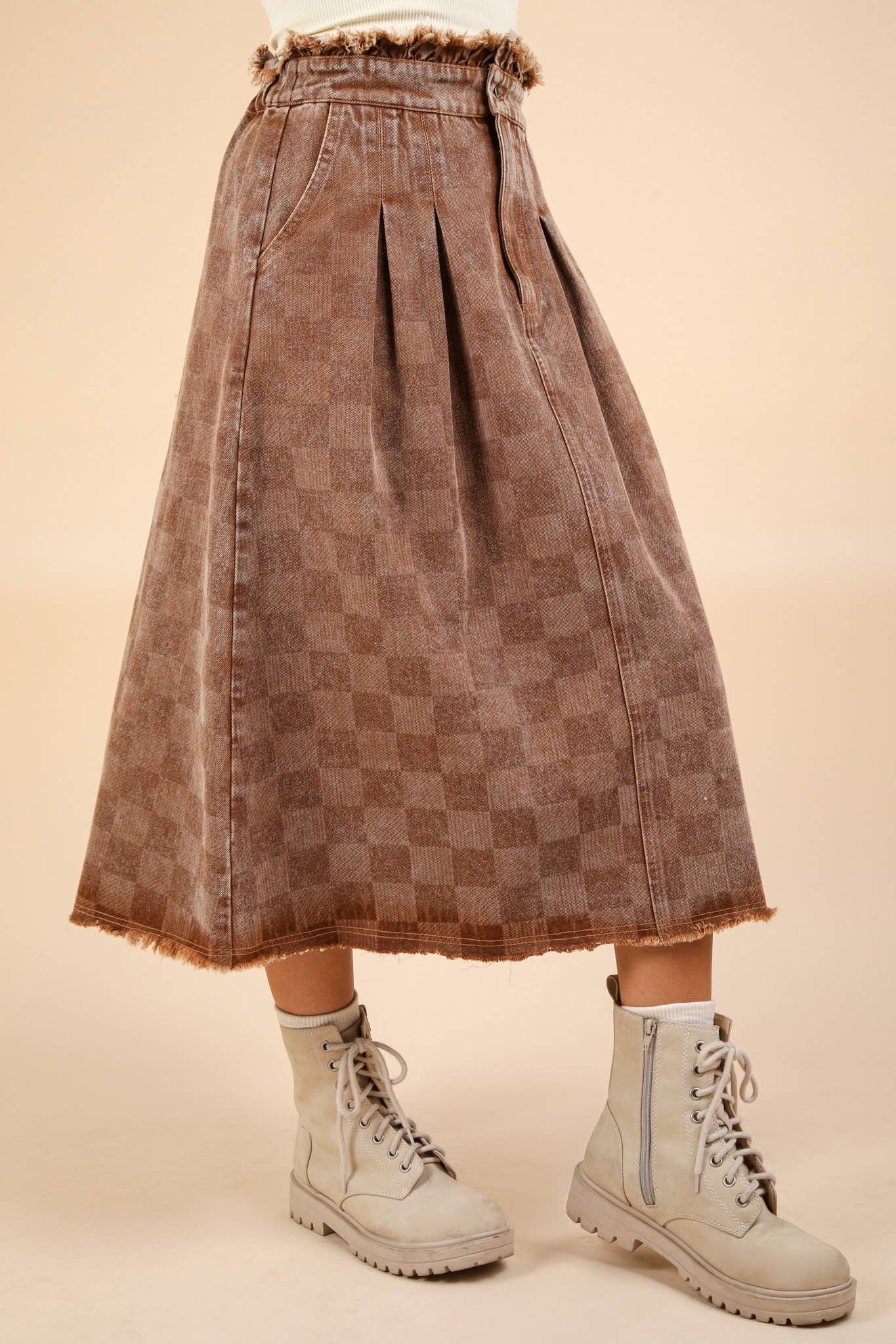Washed Checkered Denim Midi Skirt