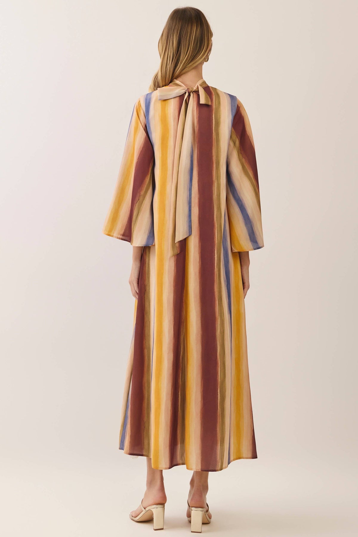 Watercolor striped tie neck maxi dress