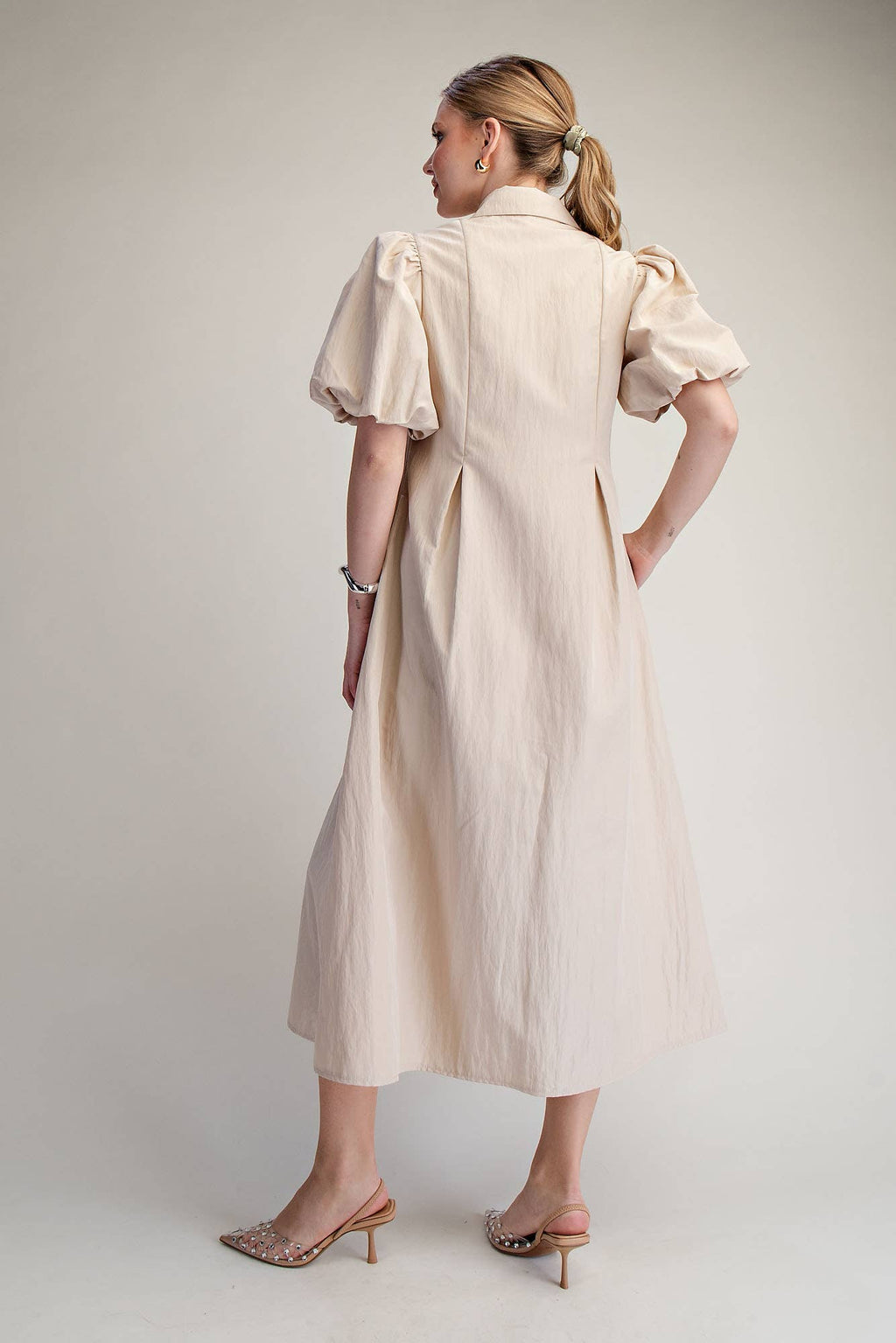 Collar V-Neck Puff Sleeve Pleated Midi Dress