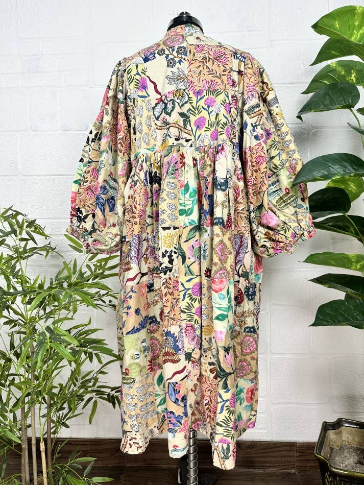 Hand Patchwork Cotton Dress - Beigh