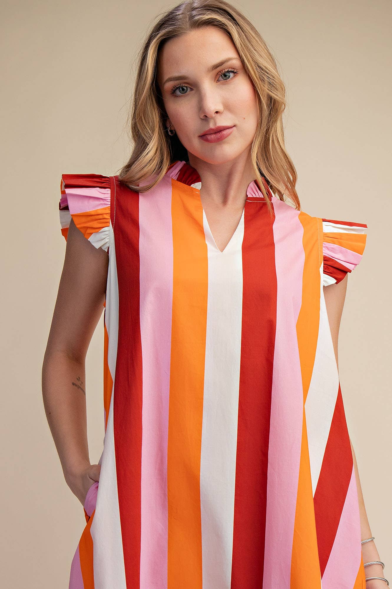 Ruffle Neck Sleeveless Flutter Stripe Midi Dress