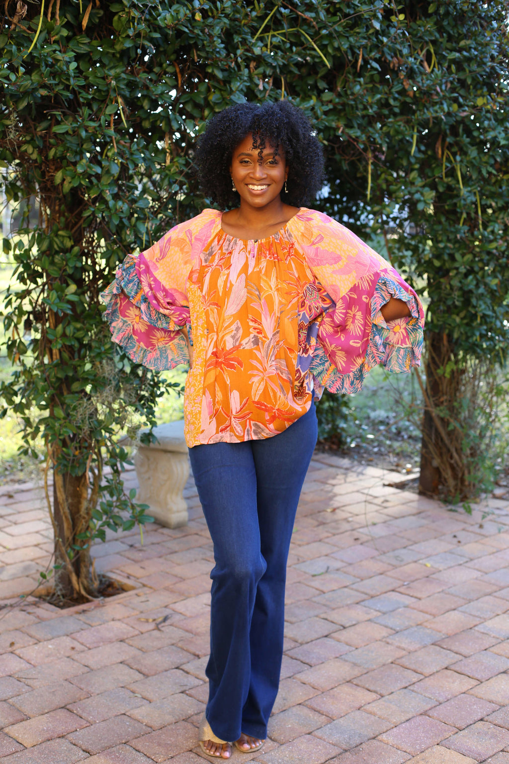 Flair Sleeve Floral Blouse: Rose Meadow Patchwork