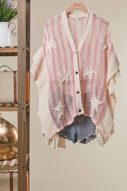 Star Patch Open-Knit Top with Ruffle Detail