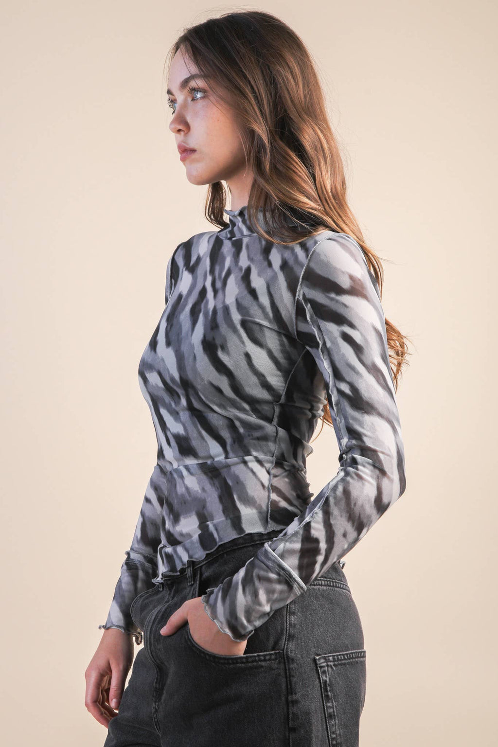 NT12256-Zebra Printed See Thru Fitted Lace Top