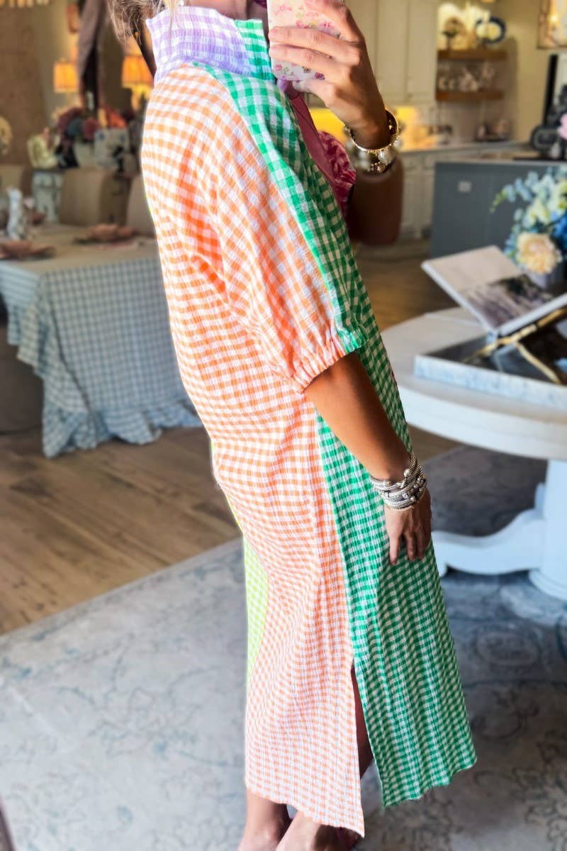 Boho & Party Colorblock Gingham Plaid Shirt Dress