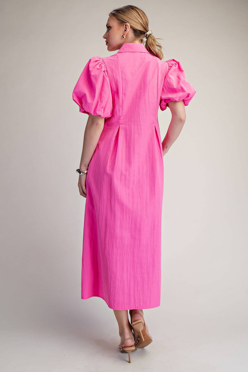 Collar V-Neck Puff Sleeve Pleated Midi Dress