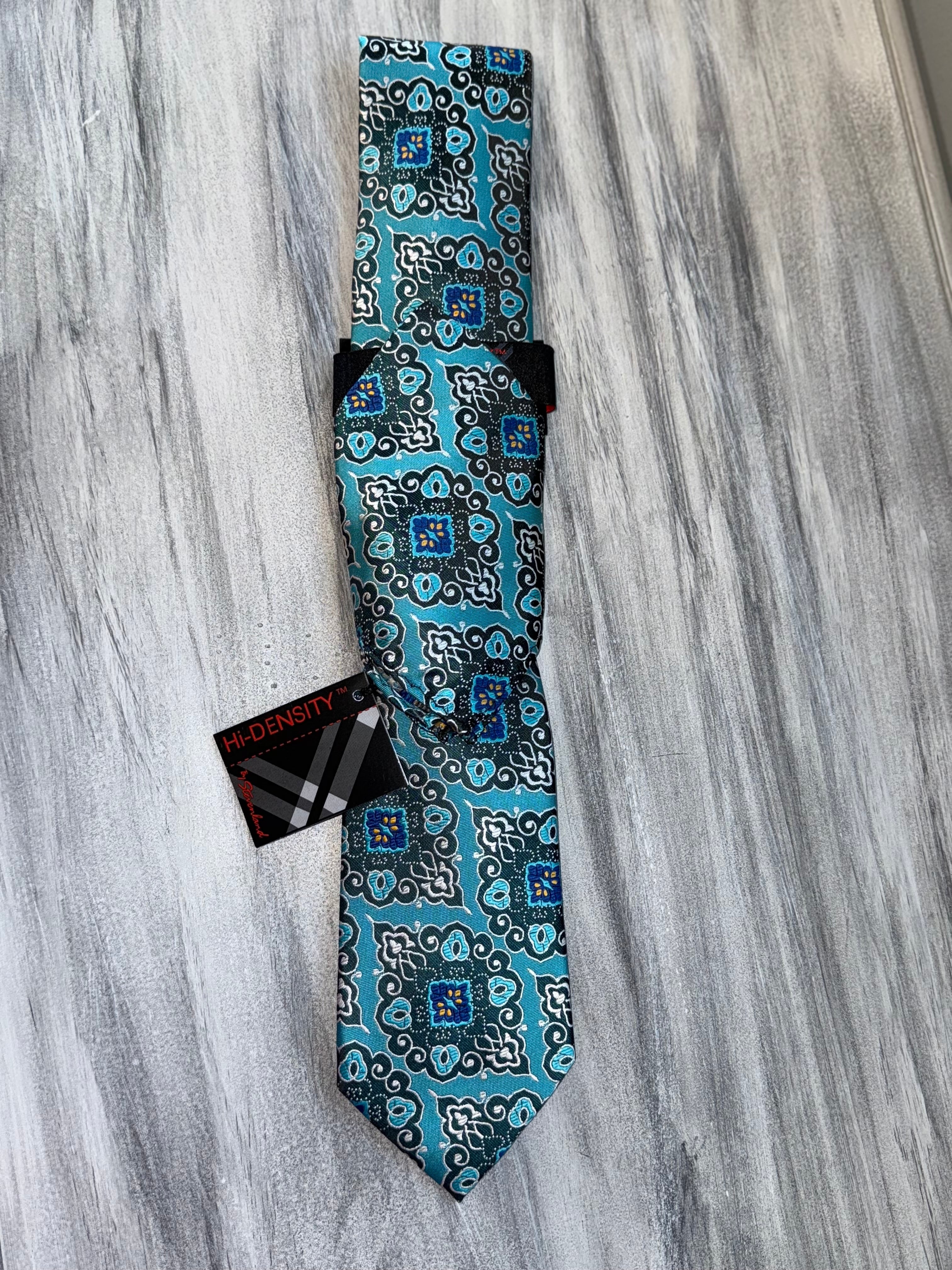 Abstract Ornamental Tie and Hanky Set - Teal